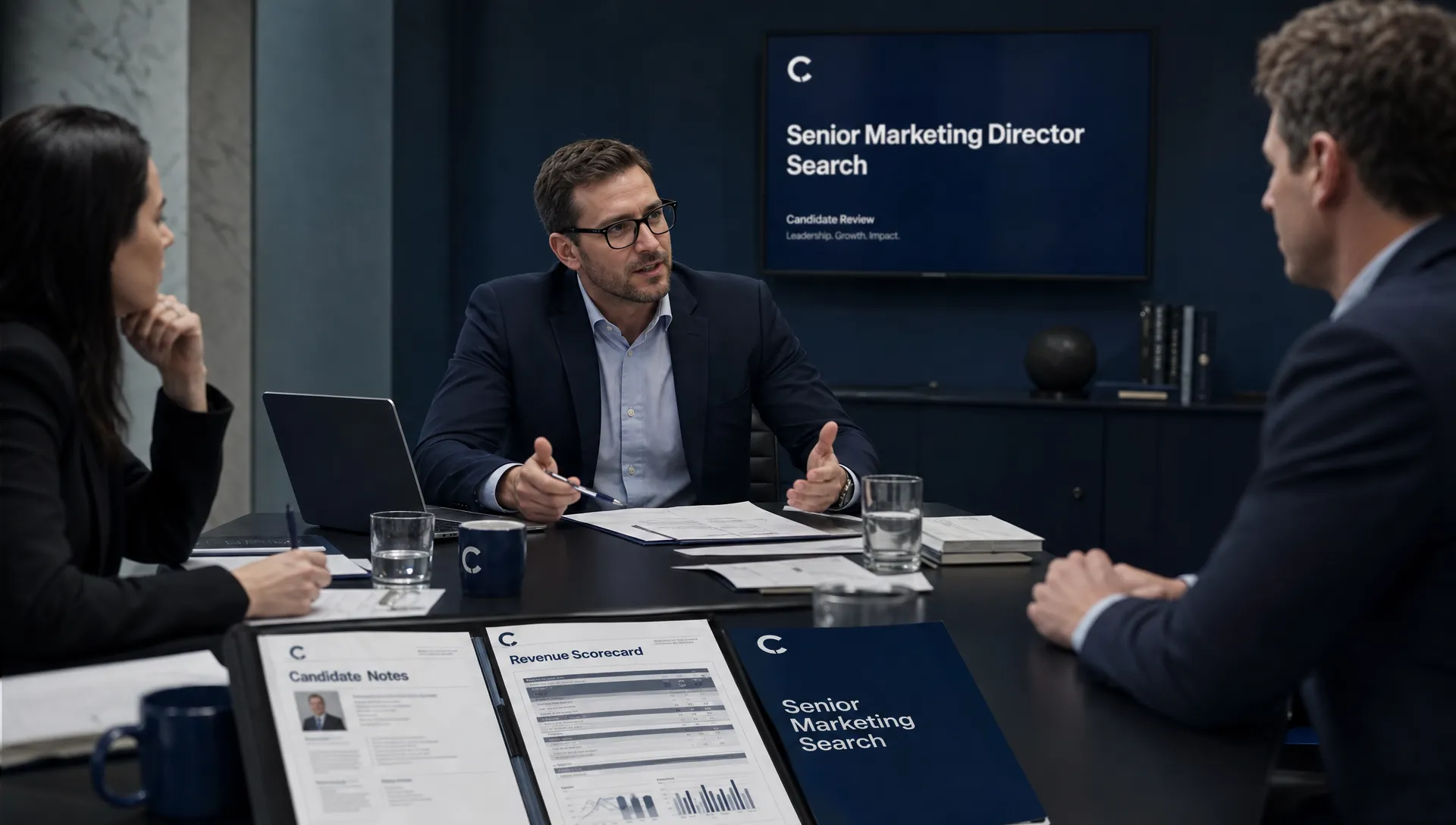 A boardroom table with candidate notes, revenue scorecards and a hiring discussion for a senior marketing search.