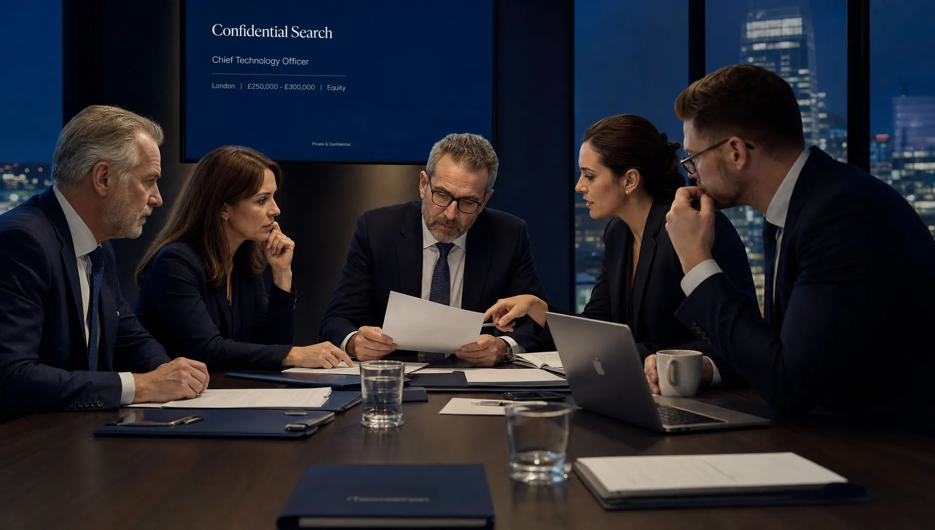 A senior hiring team and a specialist recruitment consultant review a confidential technology leadership search on a meeting table with neatly arranged papers and a laptop.