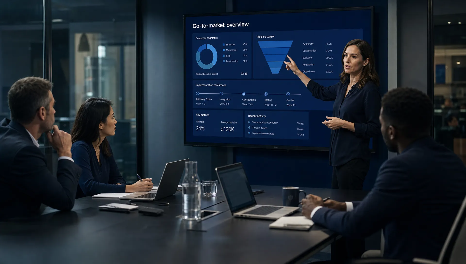 Ein Vertical-SaaS-Go-to-Market-Team prüft Kundensegmente, Pipeline-Phasen und Implementierungsmeilensteine an einem Konferenztisch.