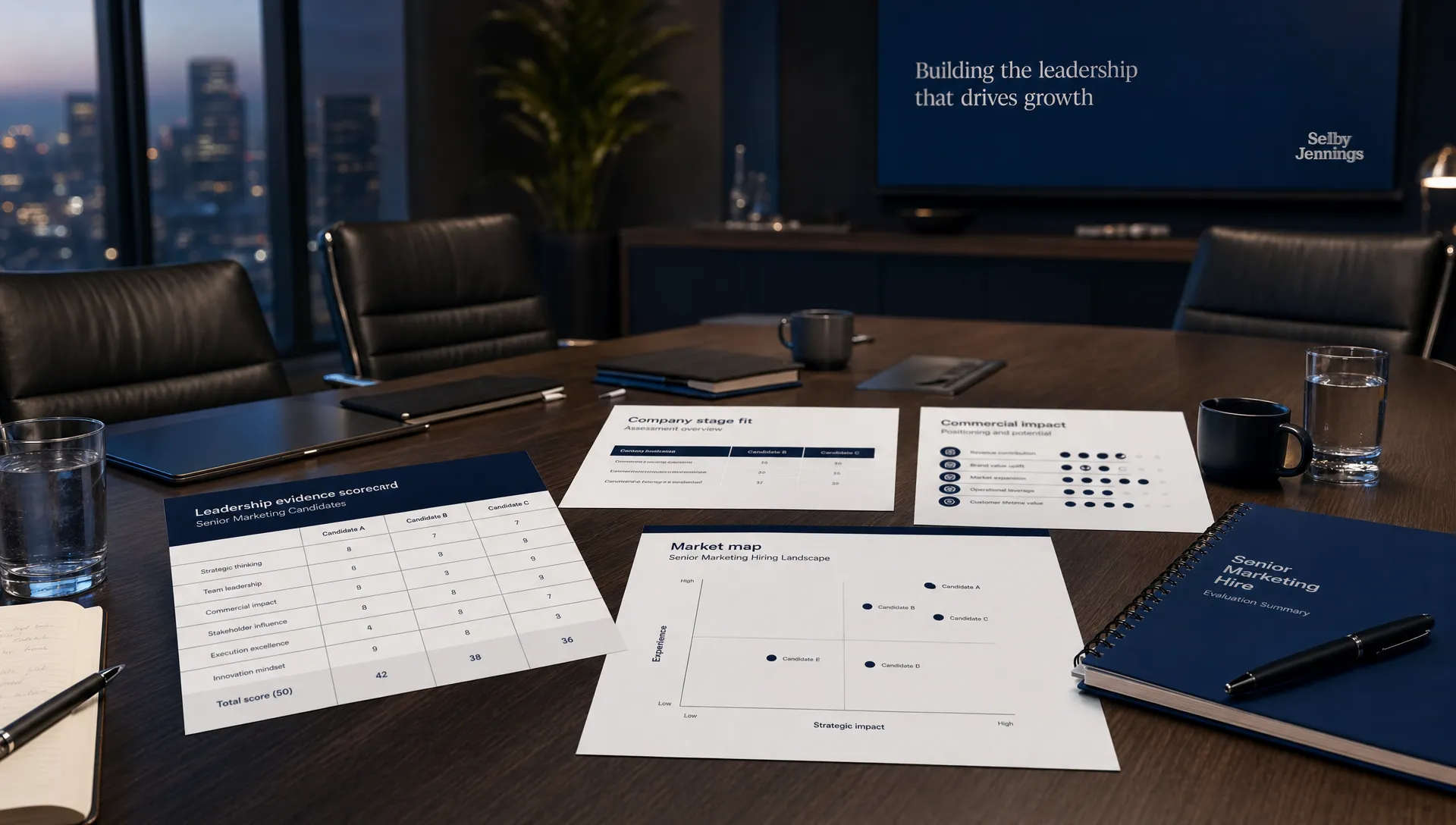 Ein Konferenztisch mit Scorecards, Marktanalysen und Notizen, die bei Senior-Marketingbesetzungen Führungsbelege, die Passung zur Unternehmensphase und die kommerzielle Wirkung vergleichen.