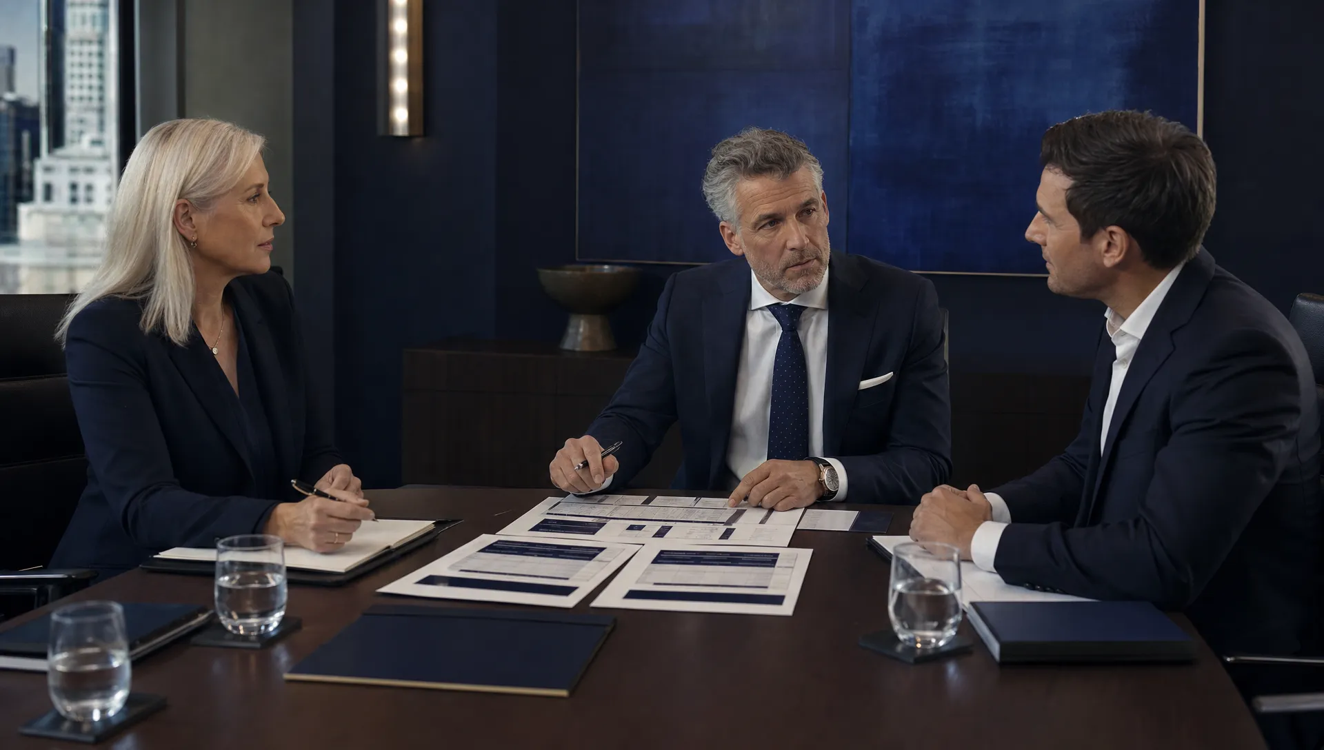 Ein Senior Recruiter, eine HR-Führungskraft und ein kaufmännischer Geschäftsführer sitzen während einer Diskussion über eine Executive-Besetzung an einem Besprechungstisch mit ausgedruckten Rollen-Scorecards, Kandidatennotizen und einem leeren Ordner.