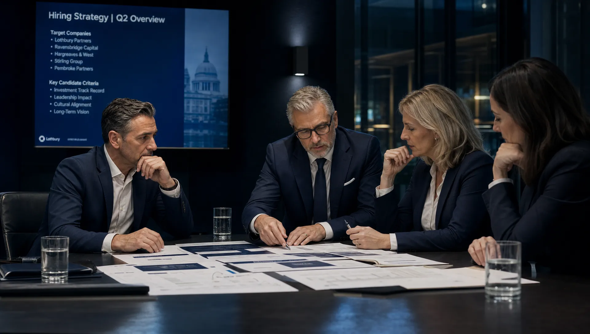 A senior leadership team reviews a hiring strategy on a conference table with target companies and candidate notes spread out before them.