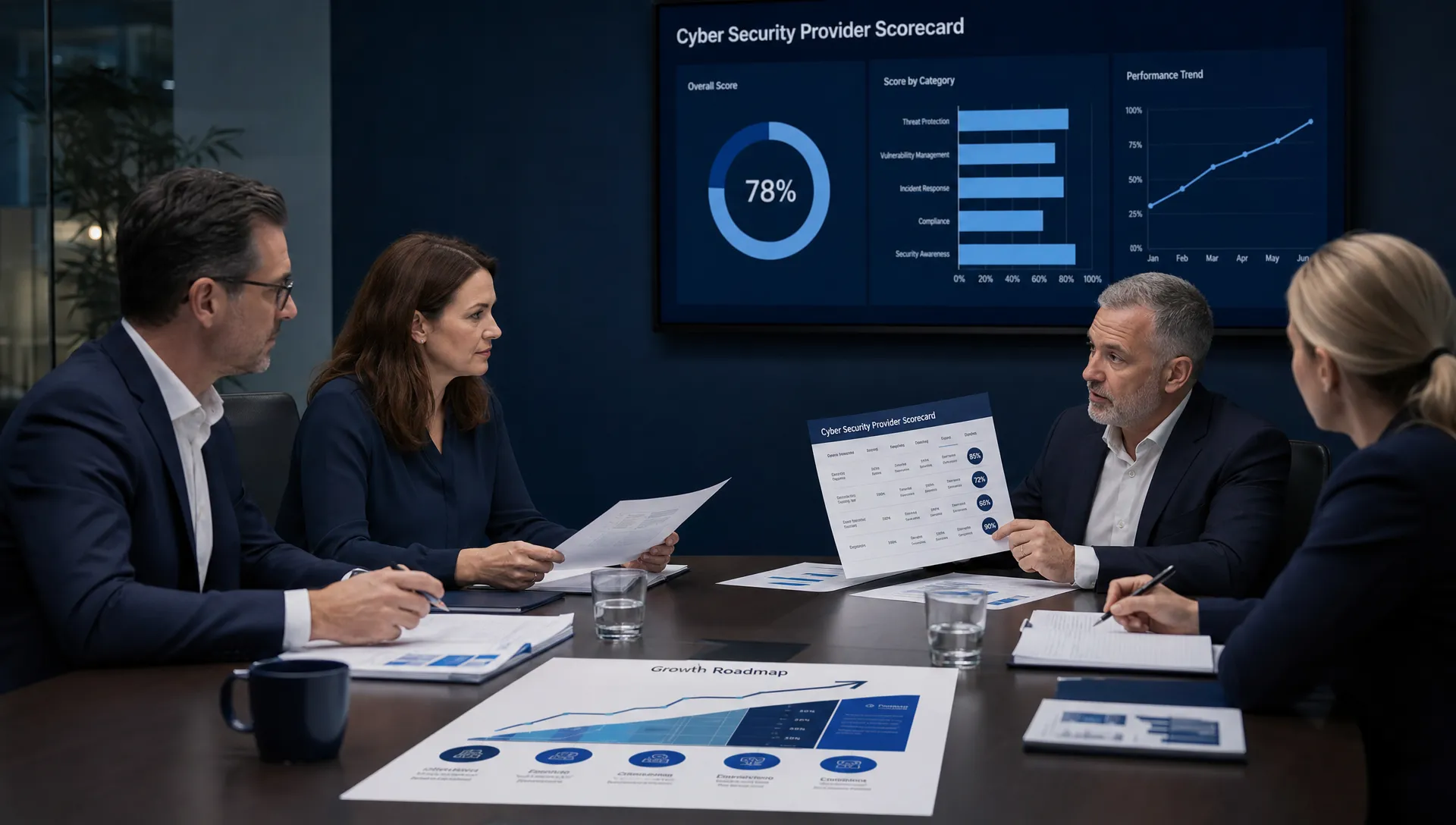 A leadership team reviews cyber security provider scorecards in a meeting room with printed notes and a growth roadmap on the table.