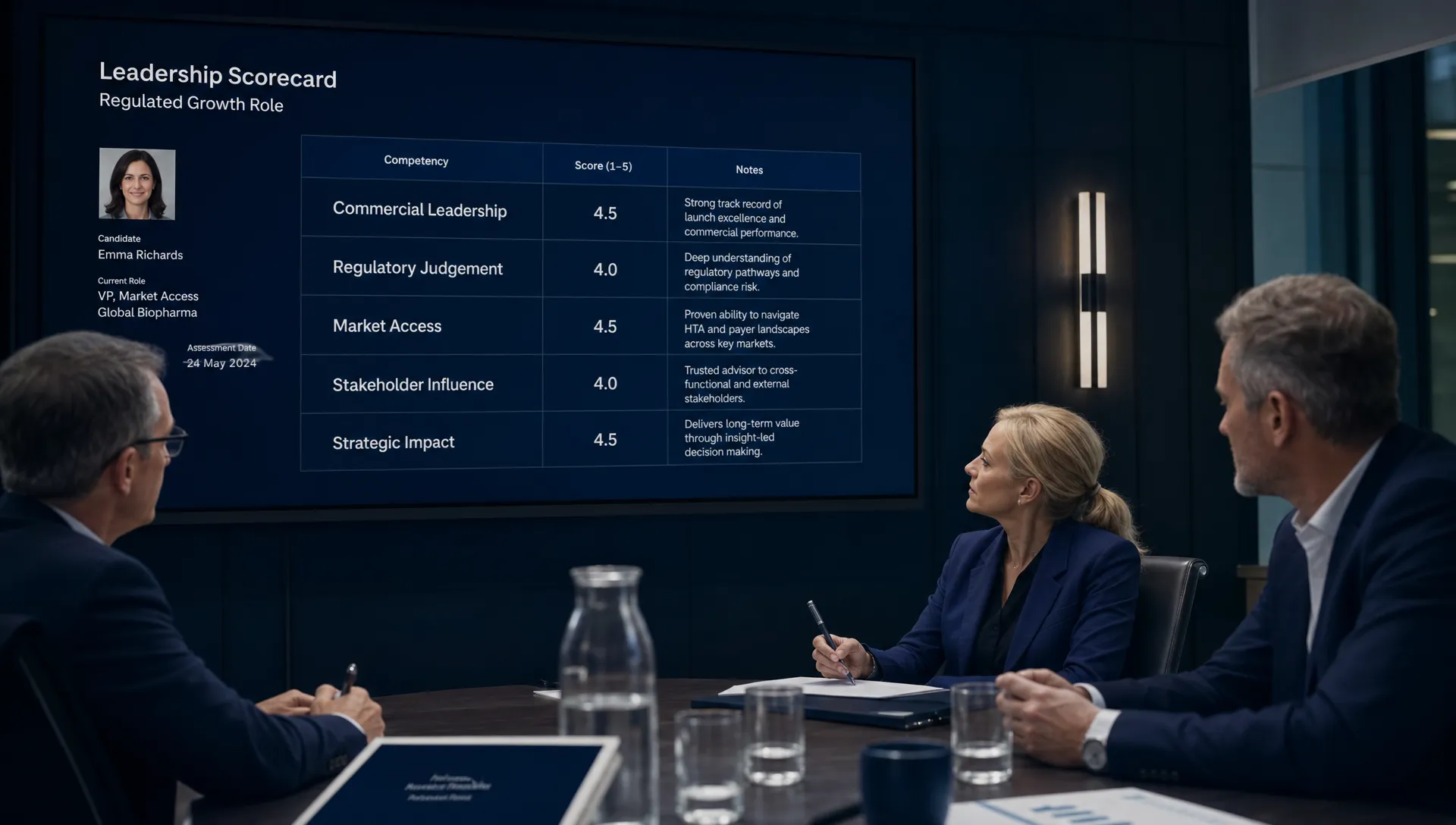 A senior hiring team reviews a leadership scorecard for a regulated growth role, with notes on commercial leadership, regulatory judgement and market access.