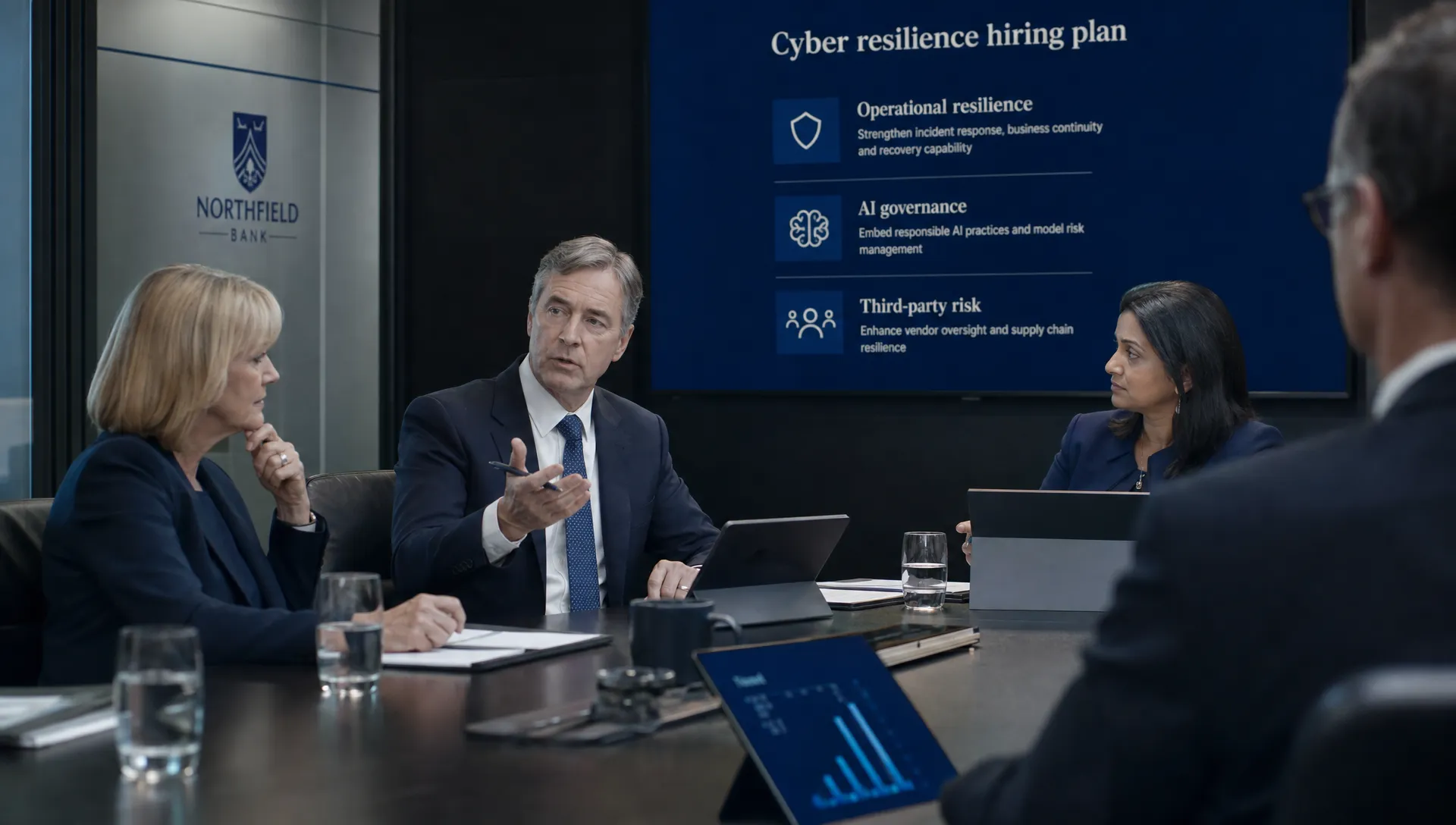 Leitende Bankmanager prüfen einen Einstellungsplan für Cyberresilienz mit Hinweisen zu operativer Resilienz, KI-Governance und Drittparteienrisiken.
