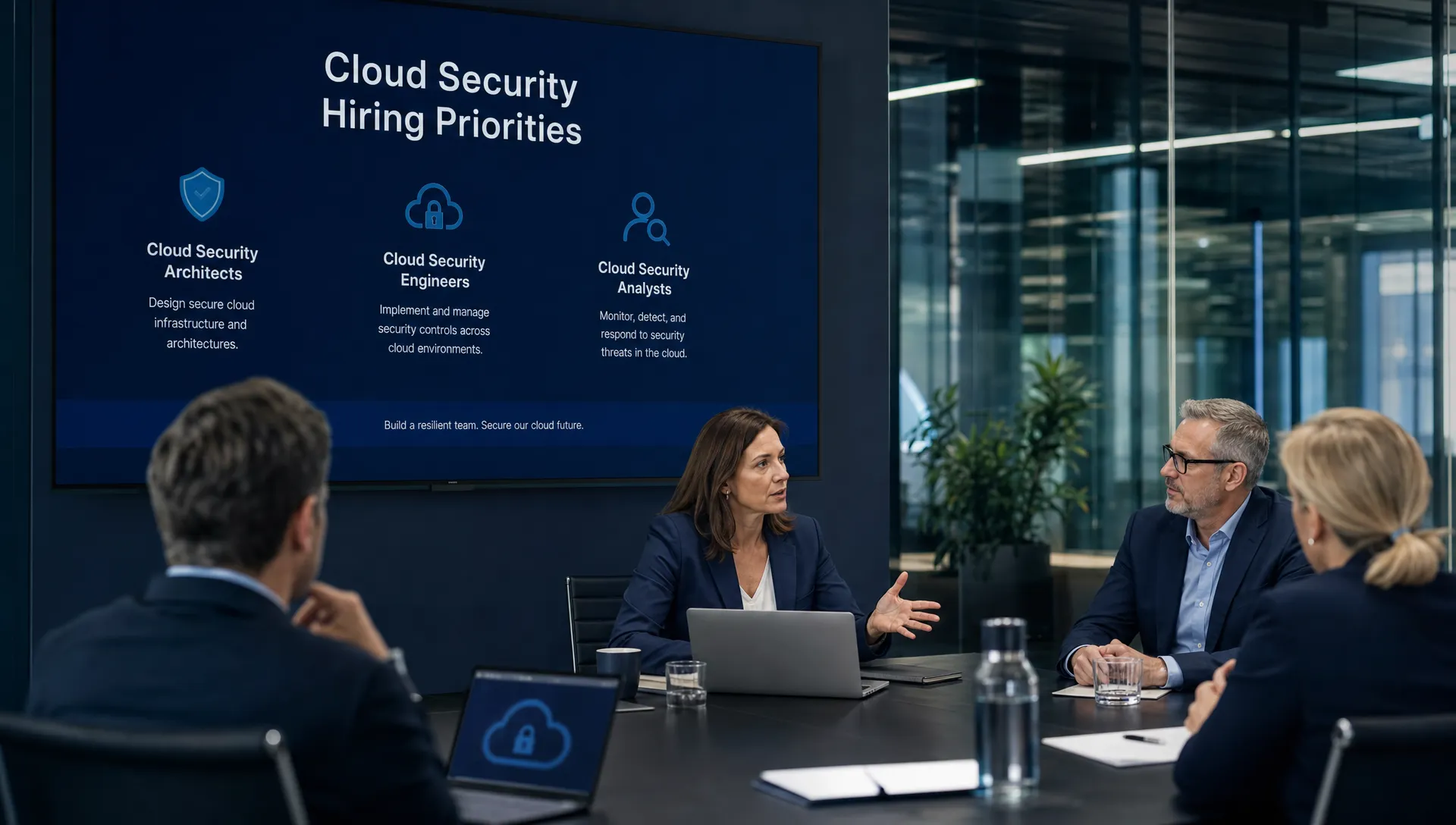 Ein Führungsteam bespricht an einem Konferenztisch in einem modernen Büro Prioritäten bei der Einstellung für Cloud-Sicherheit.