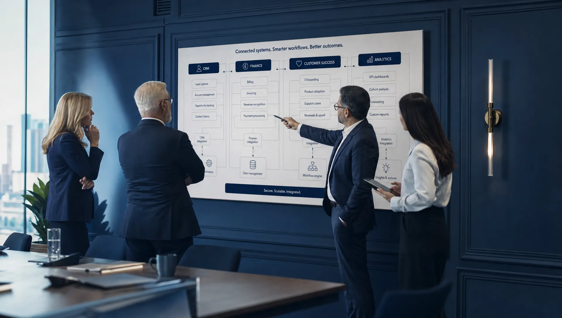 Ein erfahrenes Führungsteam betrachtet bei einer Besprechung an der Konferenzraumwand eine Workflow-Karte zu verbundenen CRM-, Finanz-, Customer-Success- und Analysesystemen.