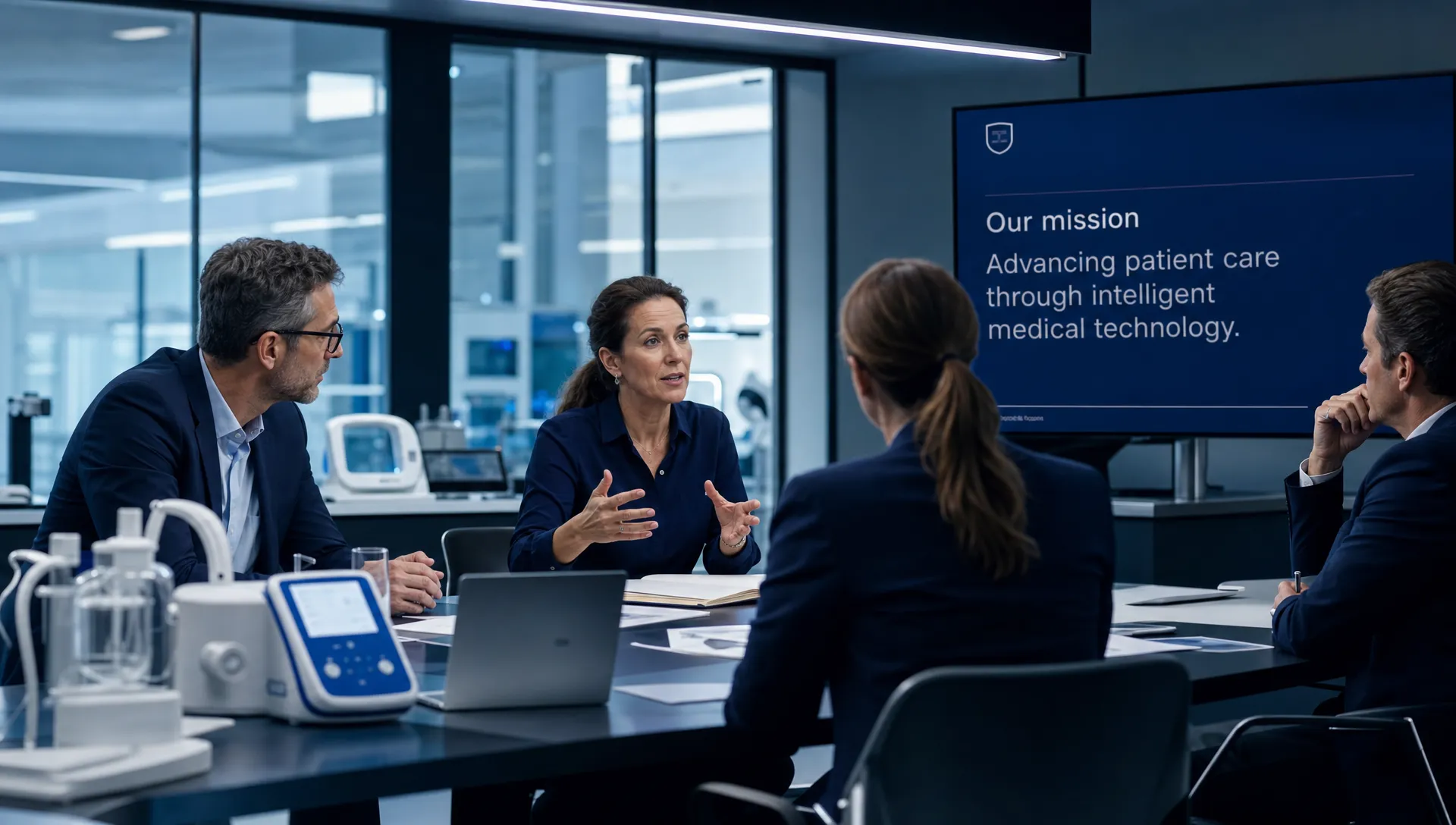A senior leadership team discusses hiring priorities in a clean laboratory meeting area with medical devices and product prototypes nearby.