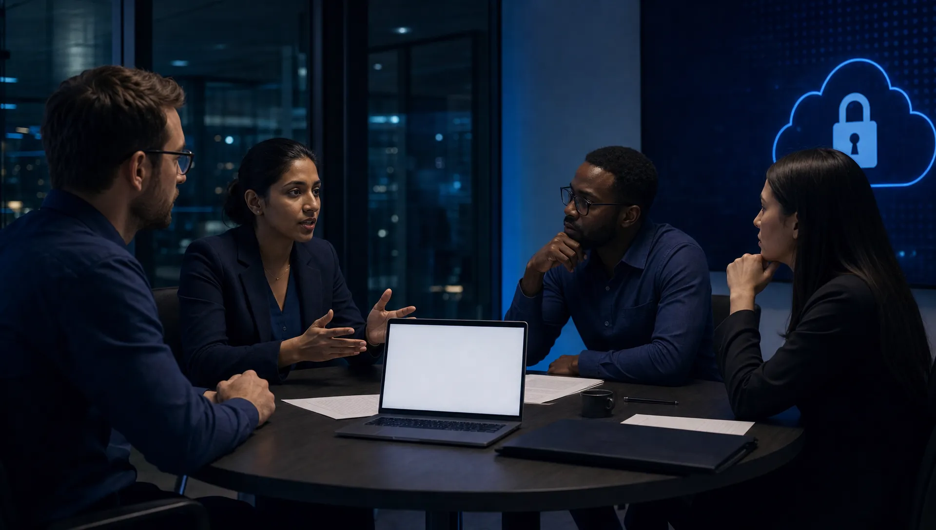 Cloud security engineers review a customer account integration around a meeting table, with blank sheets and a closed folder beside a laptop facing the camera with a blank screen.