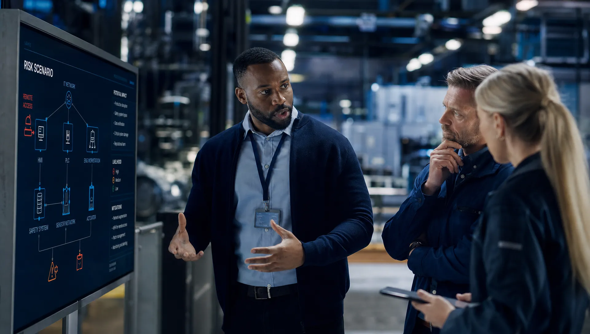 An industrial cyber security candidate talks through a factory risk scenario with an operations director and automation engineer.
