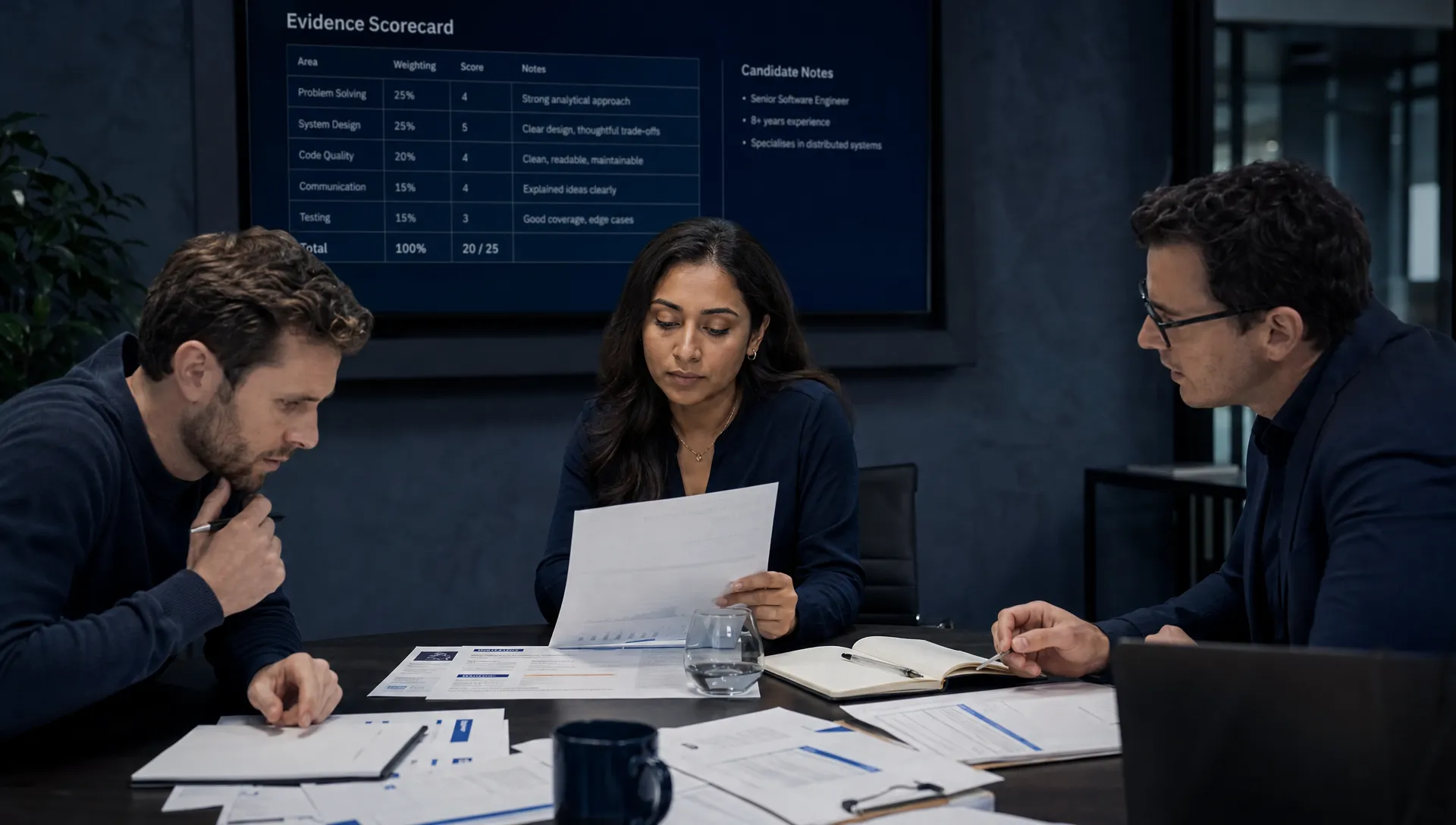 A hiring panel reviews an evidence scorecard and candidate notes around a meeting table for a technical role.