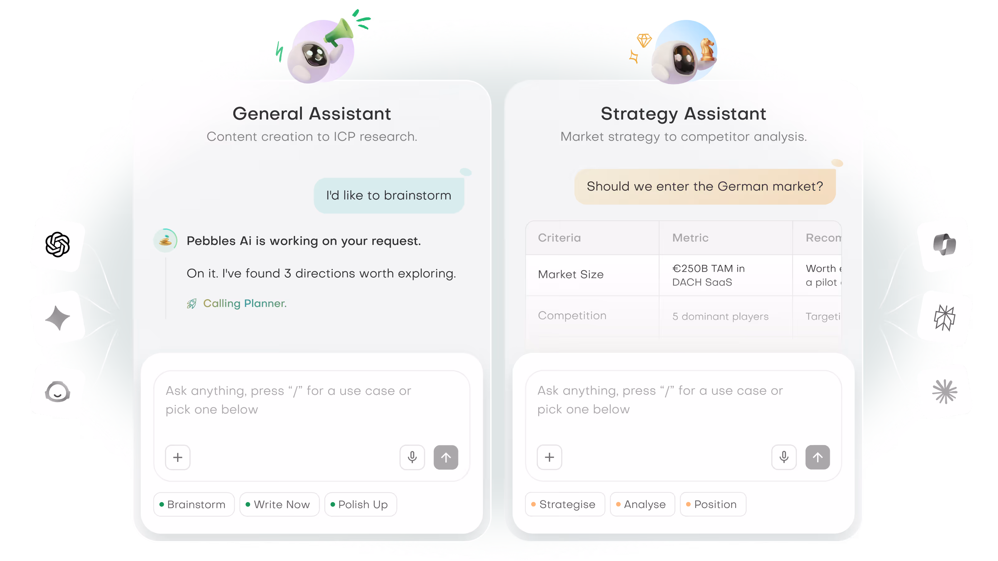 Interface showing two AI copilots: Copilot General for content creation and ICP research with a brainstorming prompt, and Copilot Strategy analyzing market entry with criteria like market size and competition.