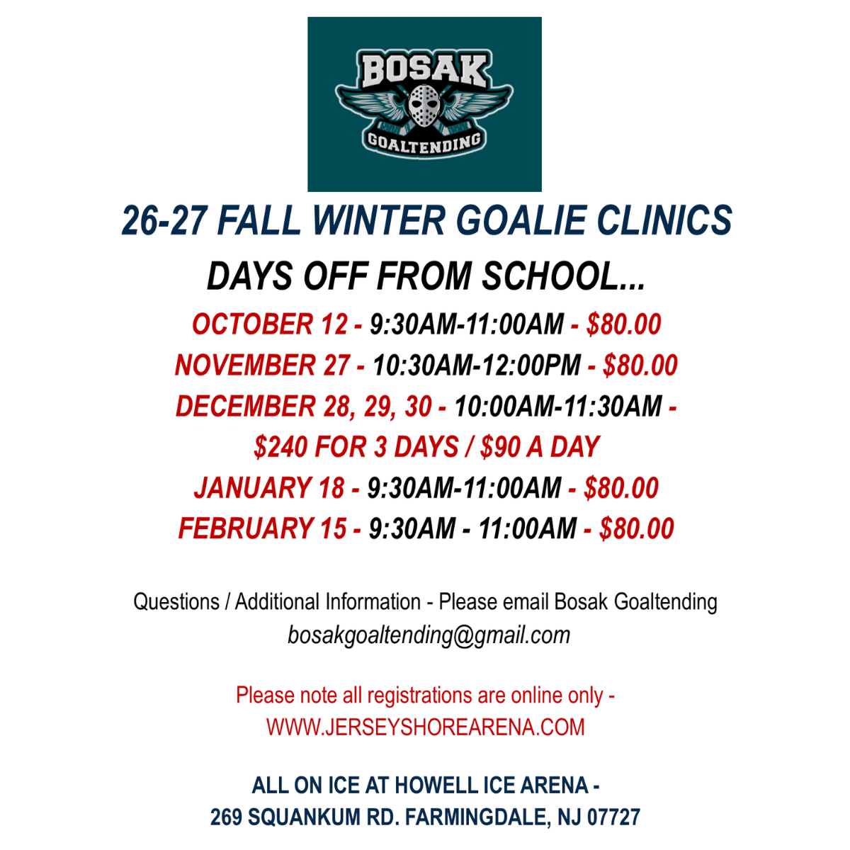 Bosak Fall/Winter Days Off School Goalie Clinics