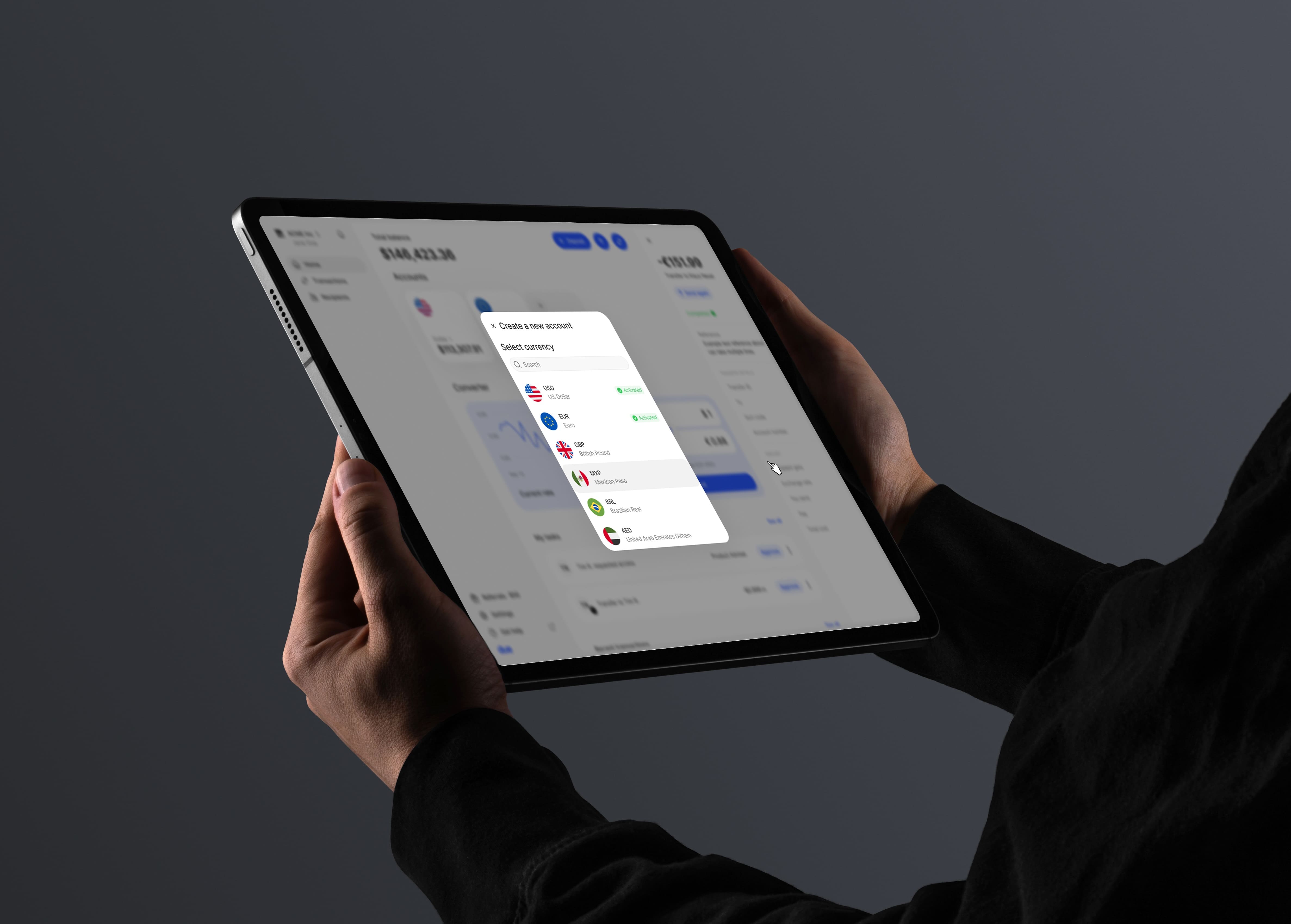 Due app interface showing multi-currency account creation