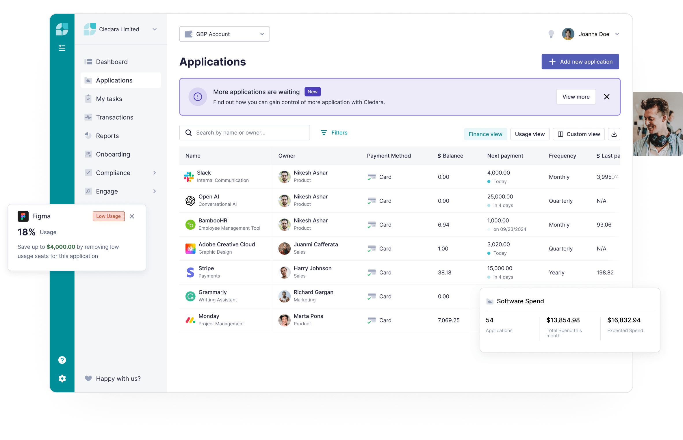 User Interface of Cledara's spend management software