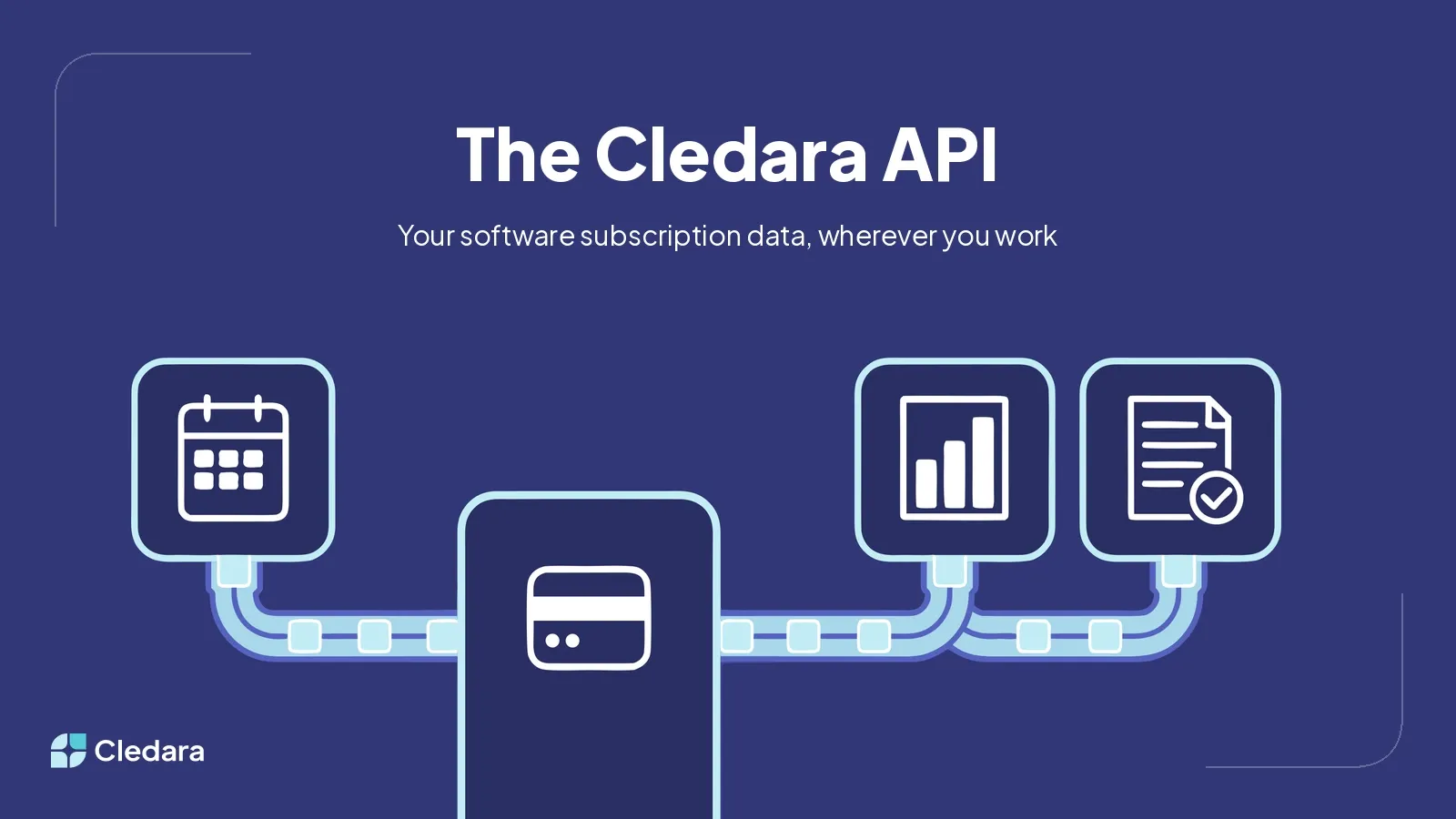The Cledara API hero banner: subscription data flowing from a payment card tile through pipes into calendar, chart, and invoice tiles