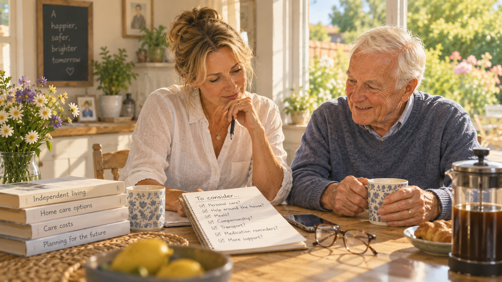 An adult daughter and her elderly father going through a checklist of care options together at home