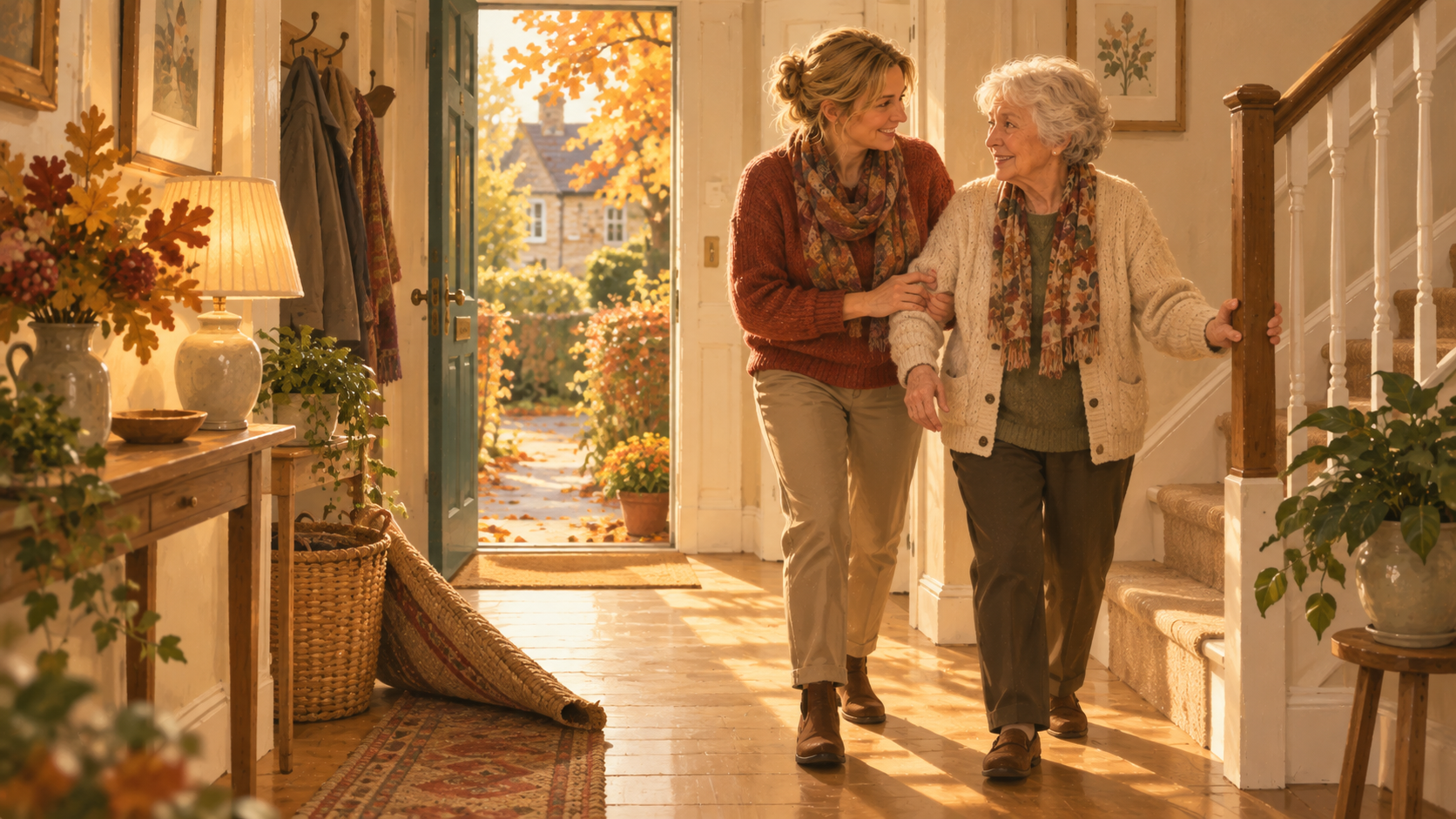 An older woman walking safely along a well-lit hallway at home