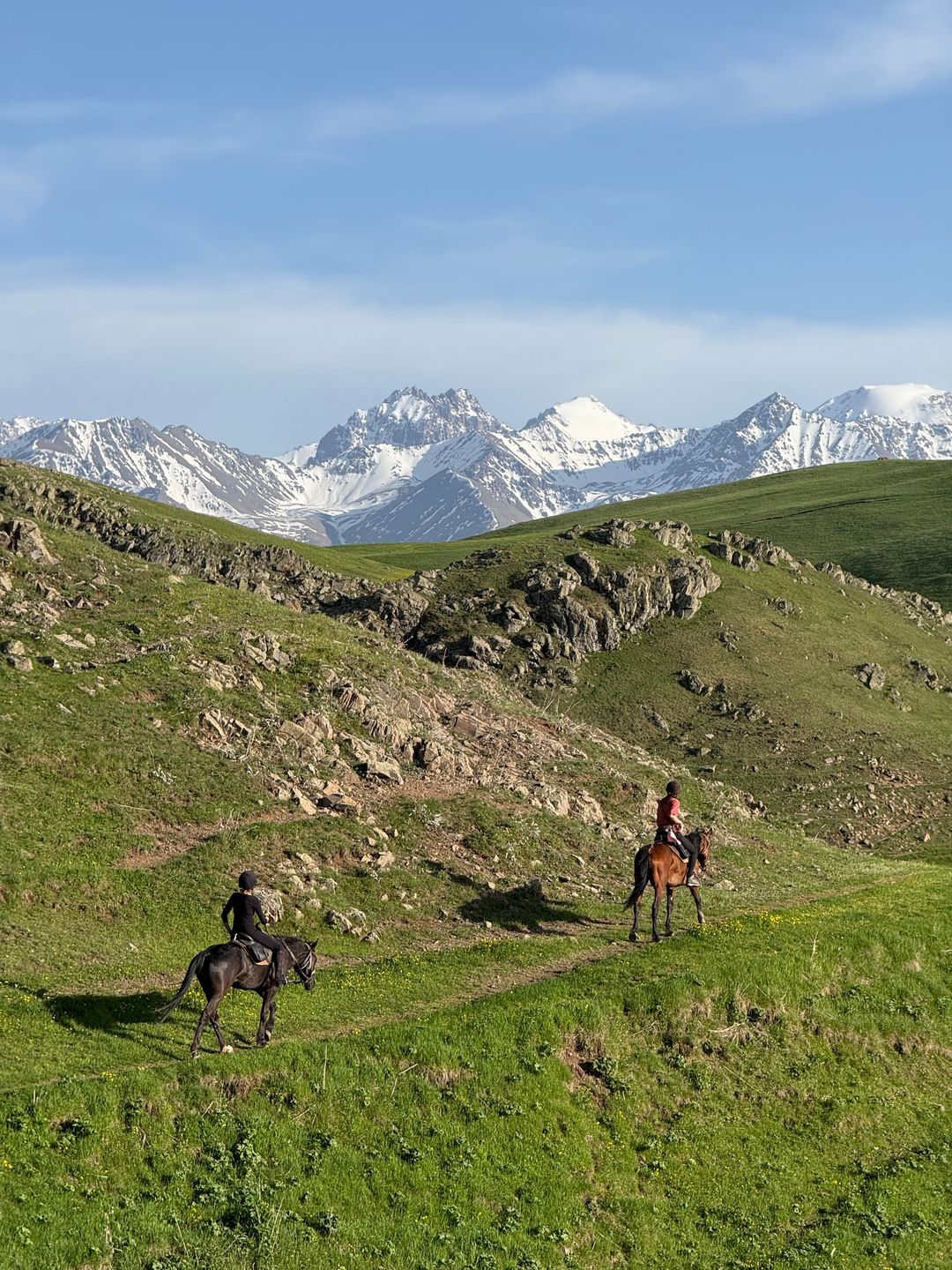 Two riders on a green hill facing the snow-capped peaks