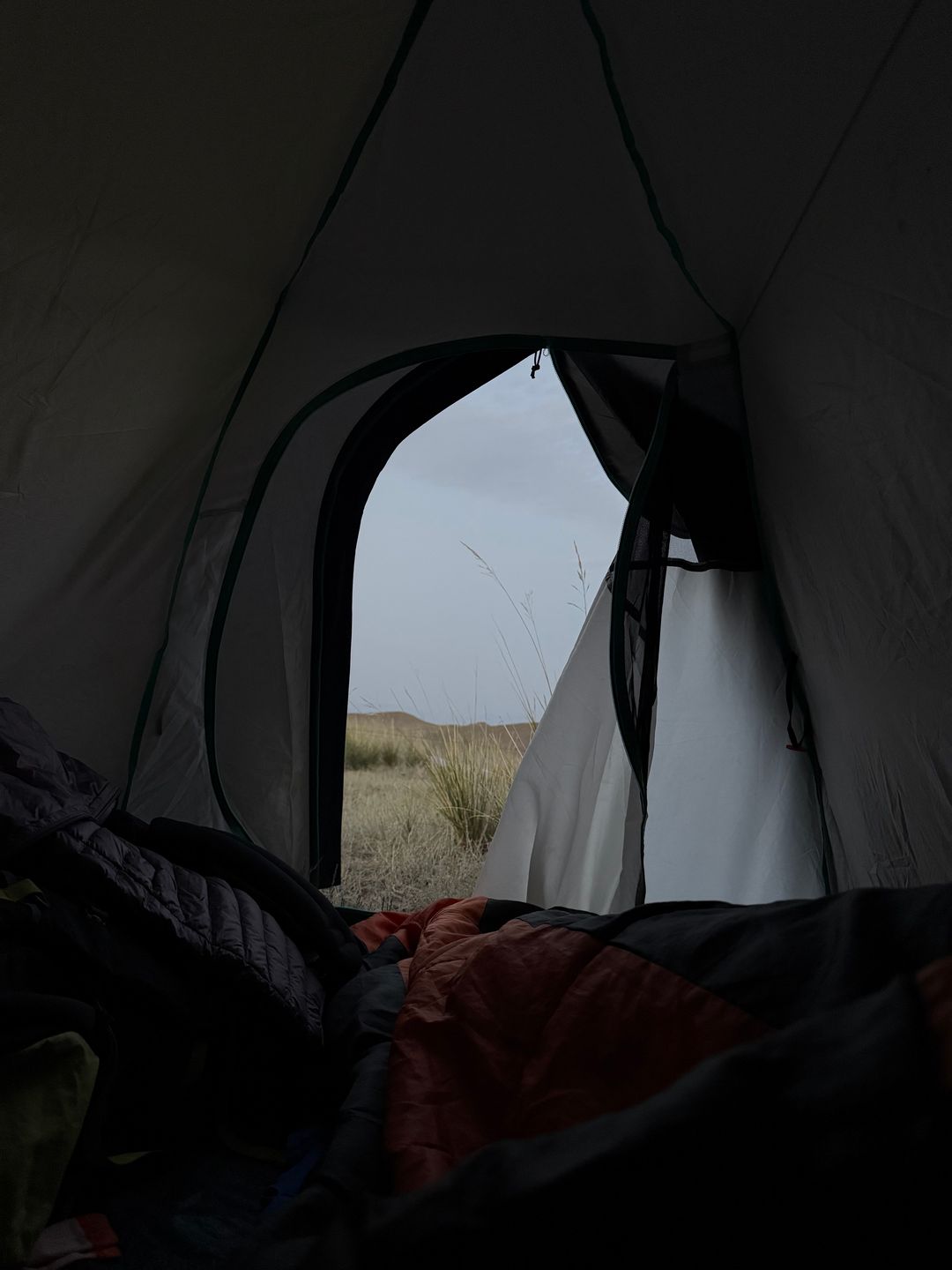 View of the steppe from inside a tent on waking up
