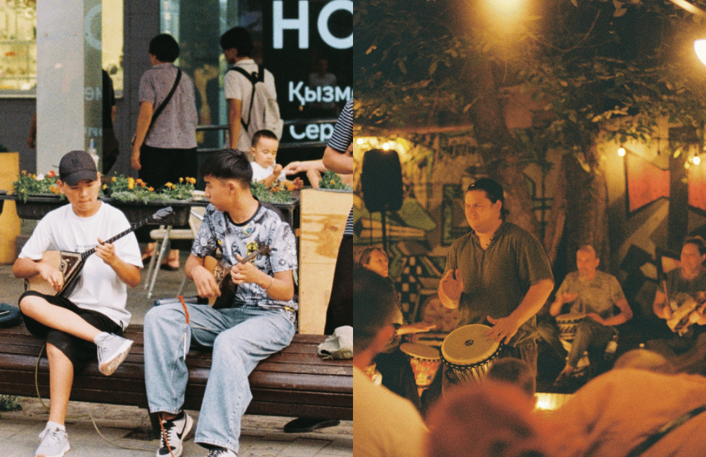 There’s a lively atmosphere on Almaty’s Arbat, with pedestrians, street performers, cafés, and outdoor seating areas.
