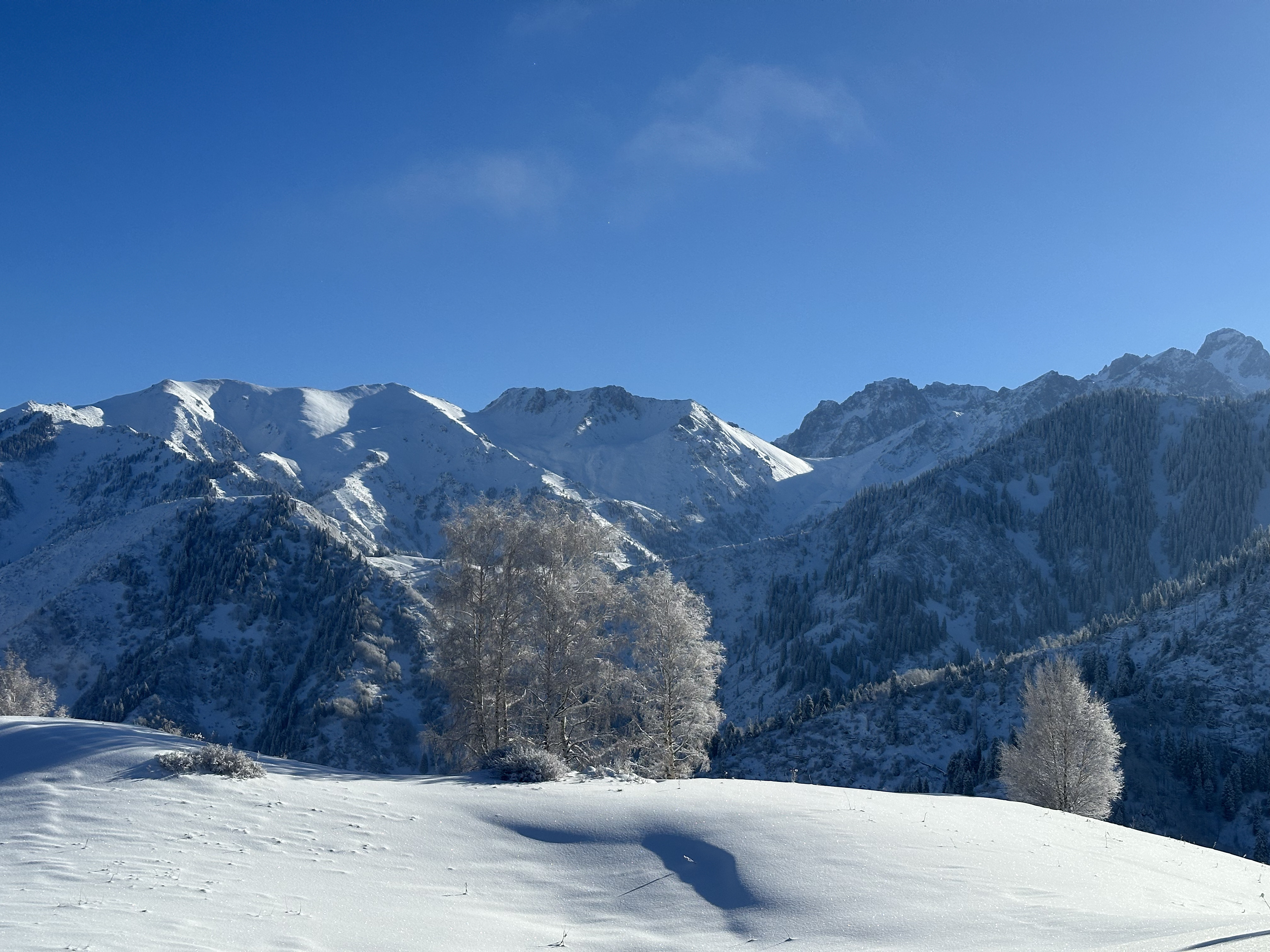 Snow-covered Tian Shan mountains during the winter horse trek