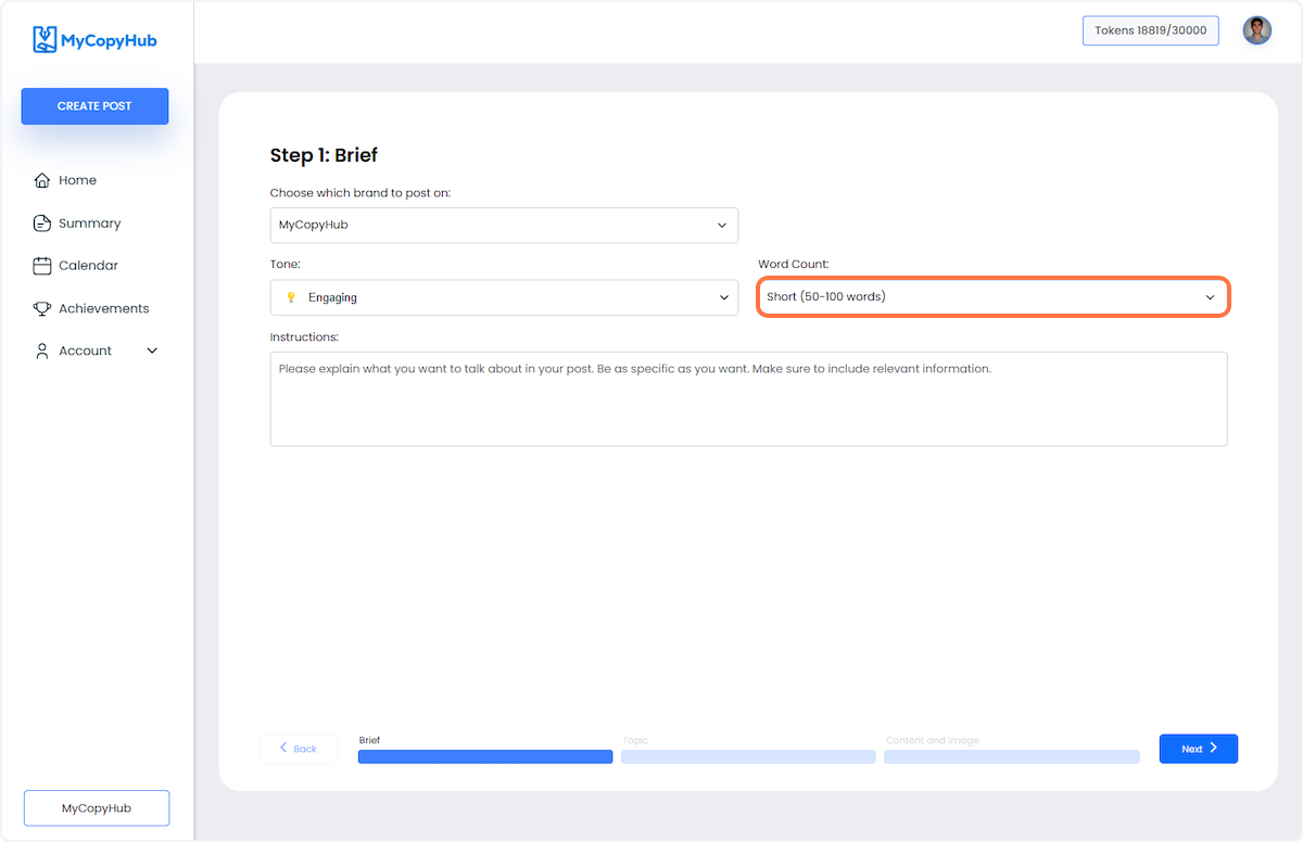 Select how long you want your post to be from Word Count: