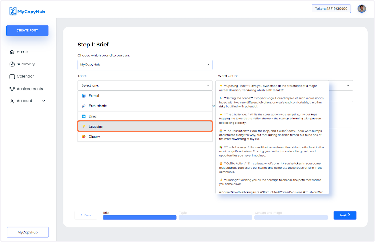 Select which Tone you want the post to be on. 