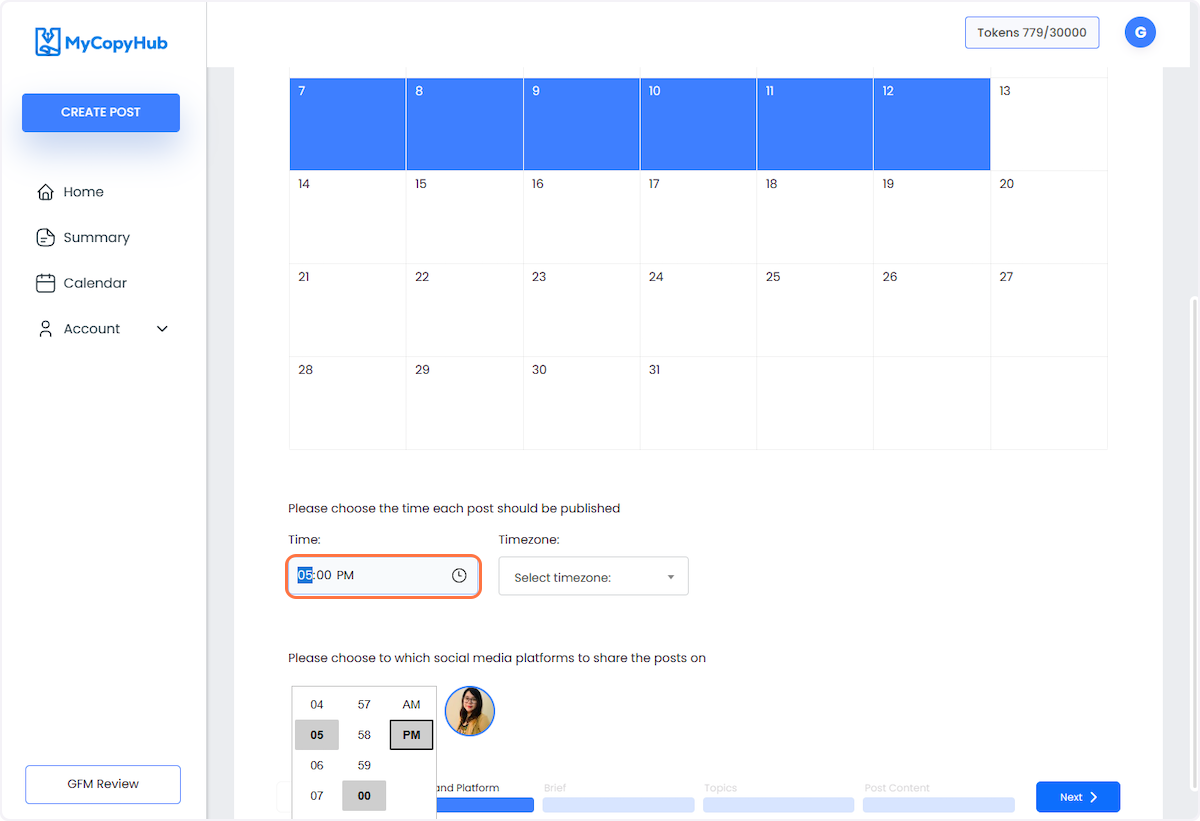 Choose the time and timezone on when you want your posts to be published.