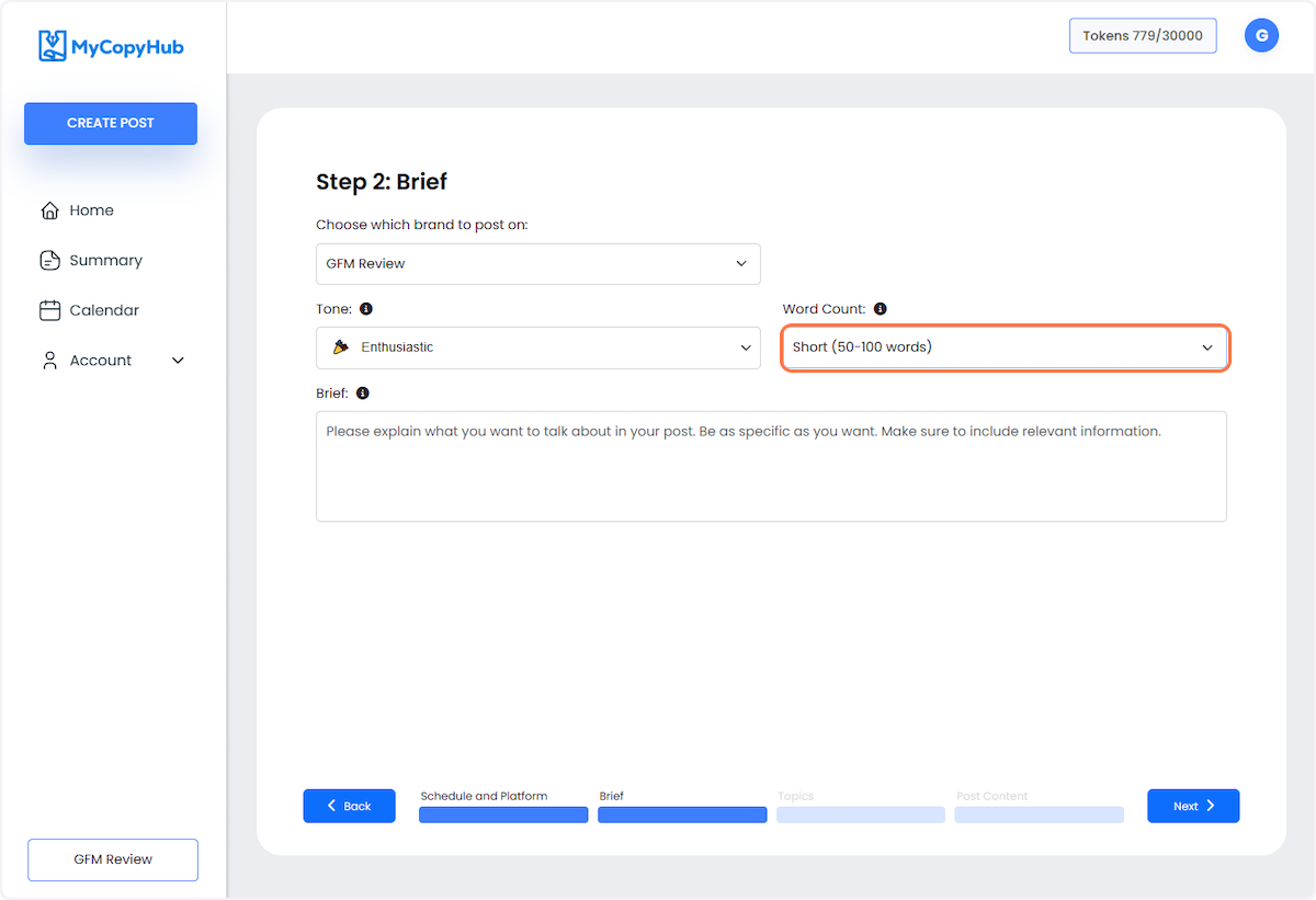 Select how long you want your post to be from Word Count.