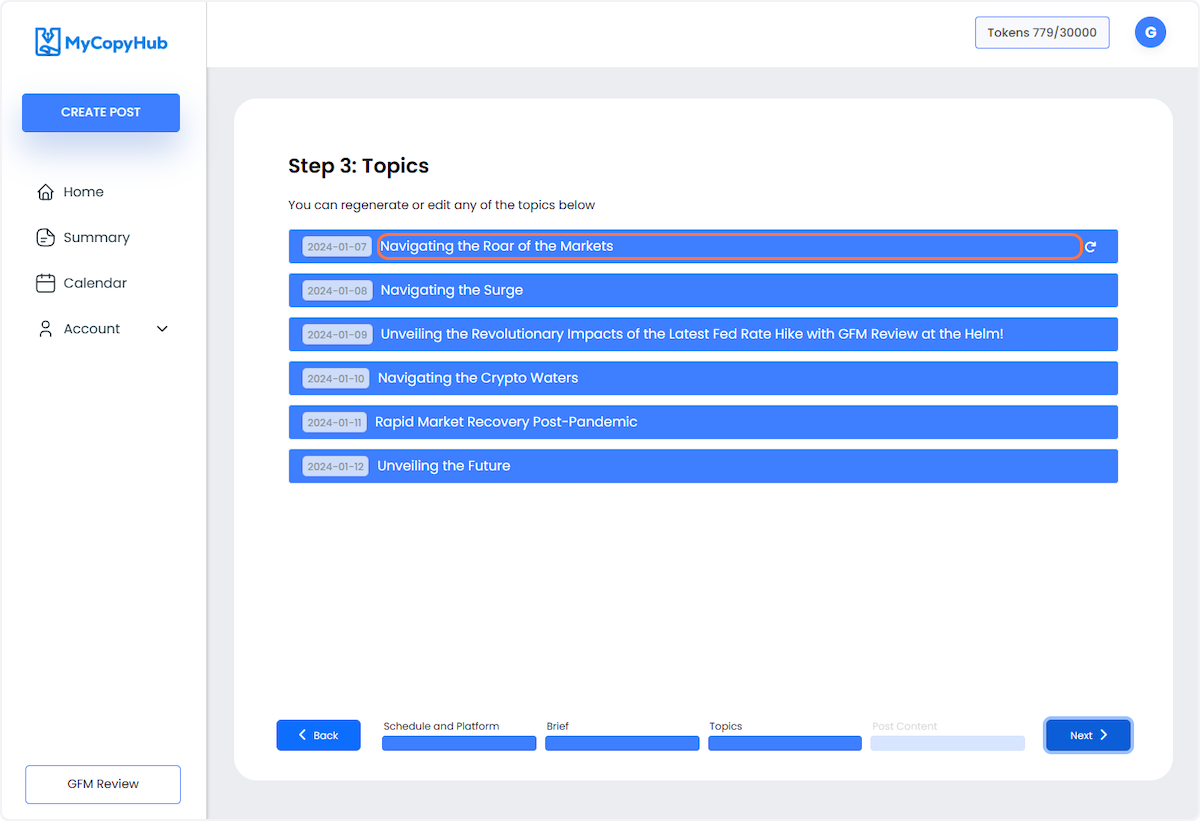 MyCopyHub will generate topics for all of your posts. You may regenerate or edit any of these.