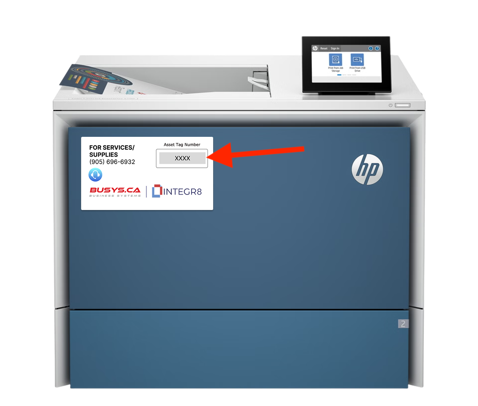 Front of a printer with a red arrow pointing to the Asset Tag Number box on the Busys.ca INTEGR8 service label
