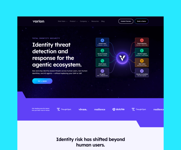 Vorlon website landing page showing SaaS security platform dashboard and four feature icons with brief descriptions.