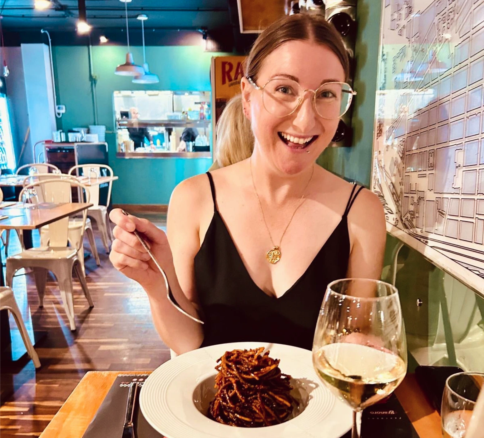 Jessica having a meal in Milan during her gap year