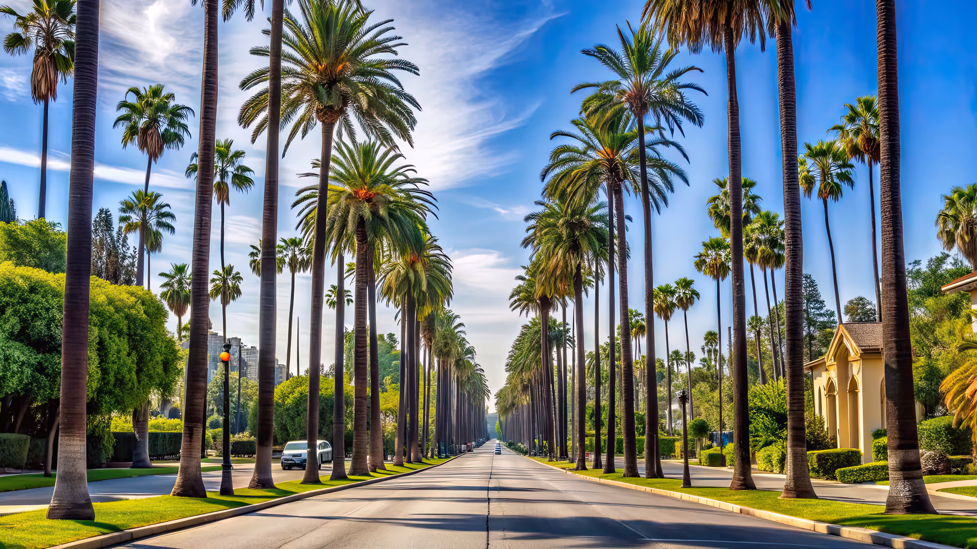 Palm trees on a road in Los Angeles
