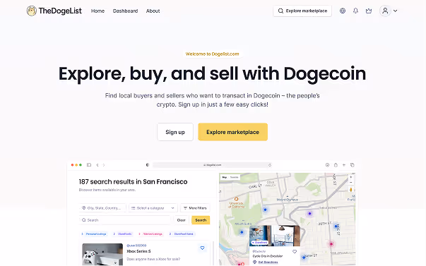 Dogecoin online marketplace website design mockup