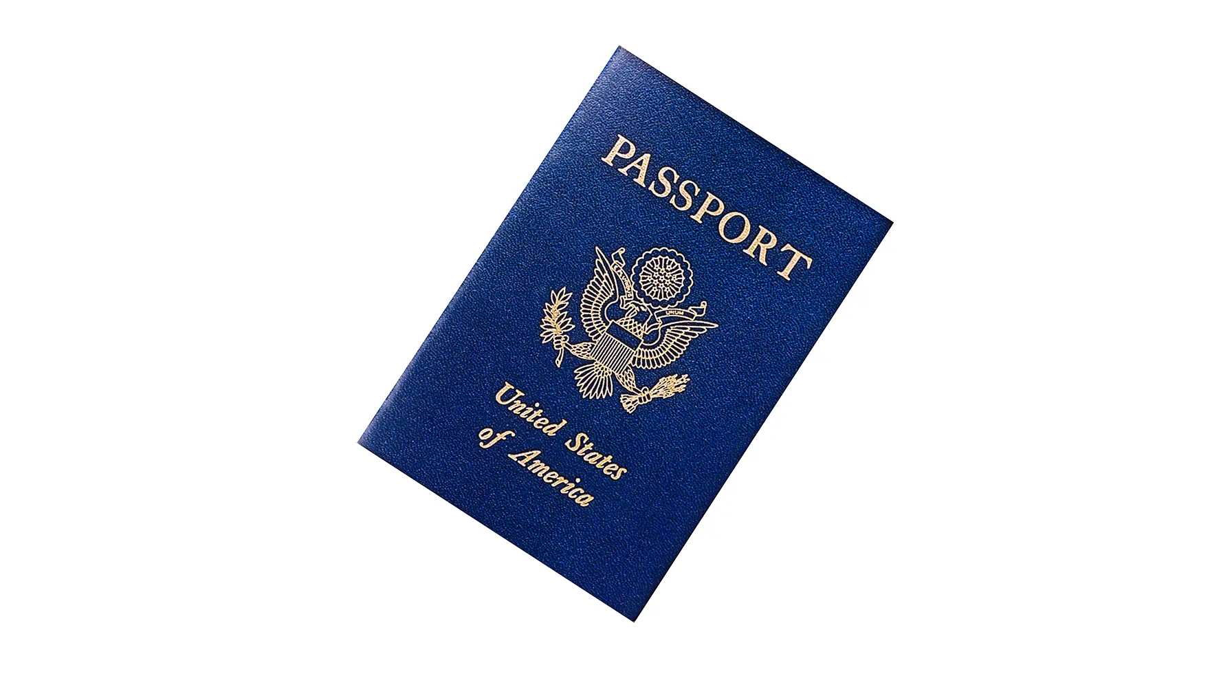 Blue United States of America passport with gold text and the federal eagle emblem on the cover.