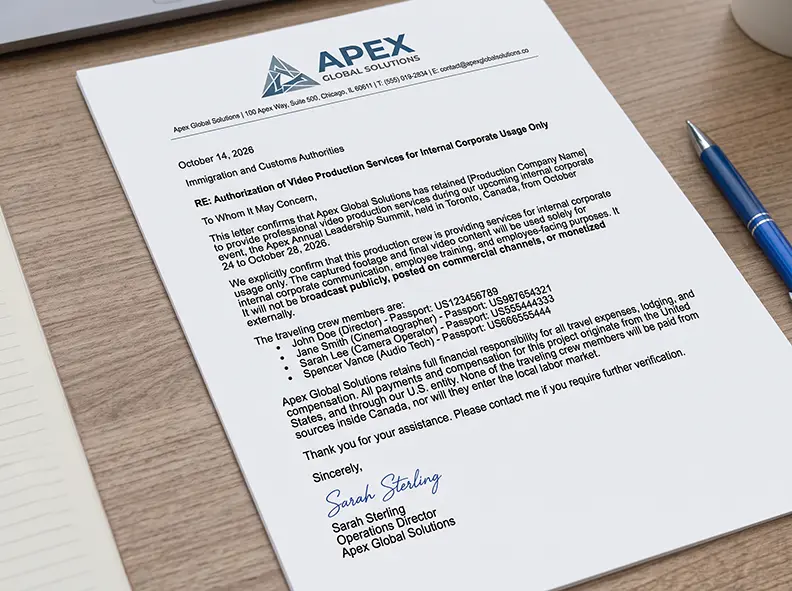 Approval letter from Apex Global Solutions dated October 14, 2026, addressed to Immigration and Customs Authorities confirming authorization for internal corporate use of video production services for an event in Toronto from October 24-28. It lists the traveling crew members with names, roles, and passport numbers, states restrictions on public broadcast, and explains financial responsibility and compensation details. The letter is signed by Sarah Sterling, Operations Director.
