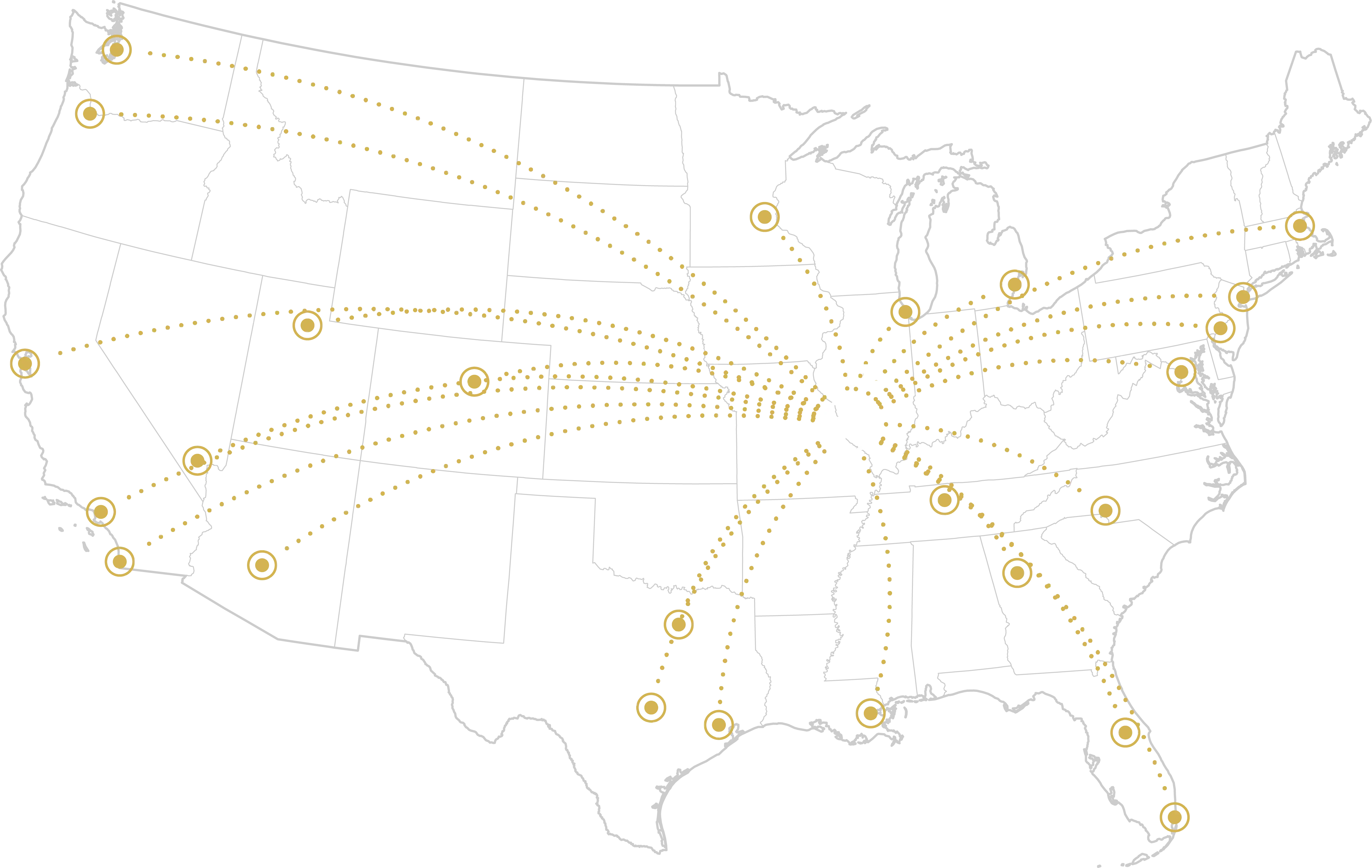 Map of the United States with multiple dotted yellow lines originating from a central location in the Midwest, connecting to various cities across the country including on the East Coast, West Coast, Southwest, and Southeast.