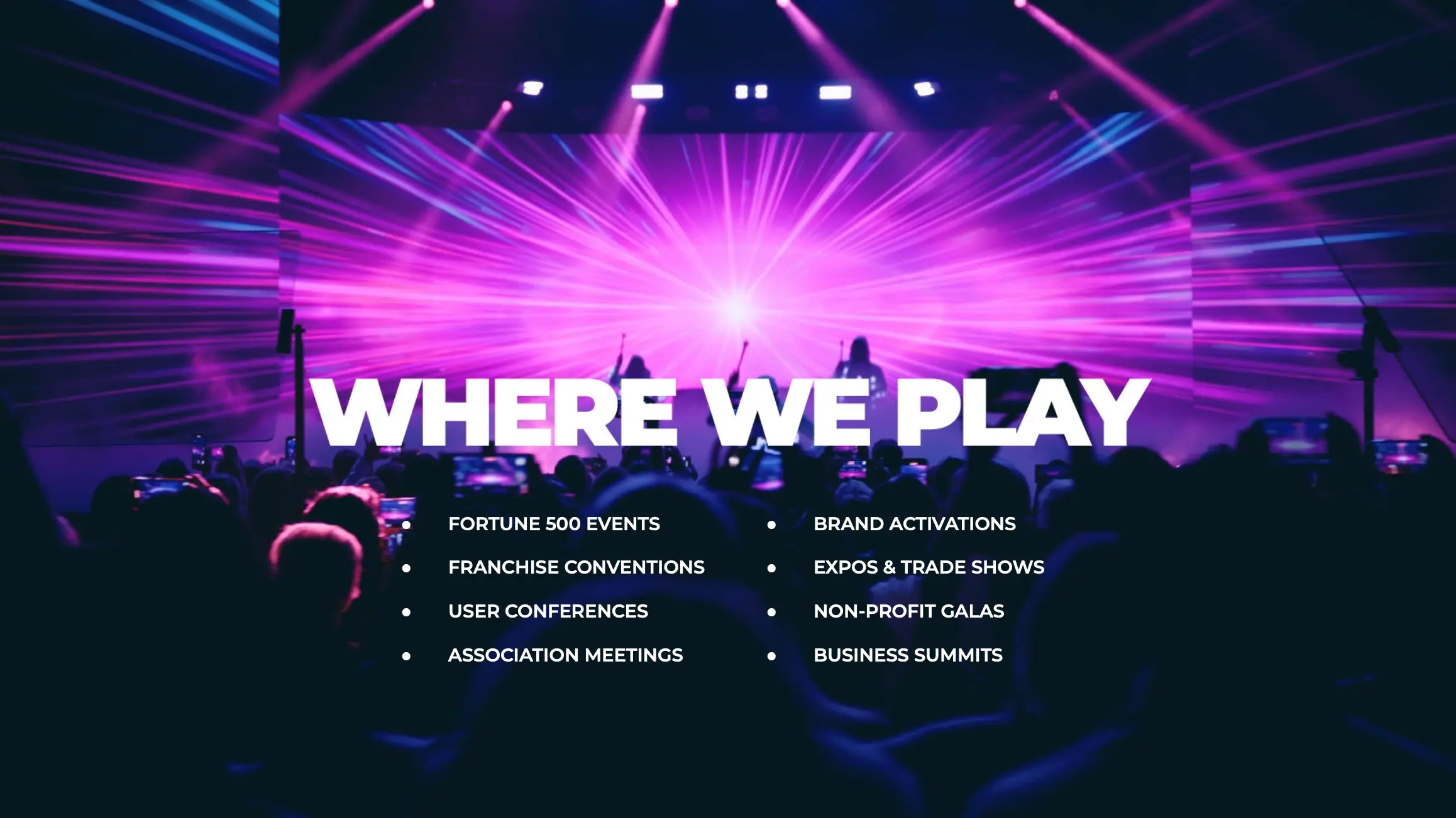 List of event types SplyceHouse produces, including corporate conferences, trade shows, and brand activations.