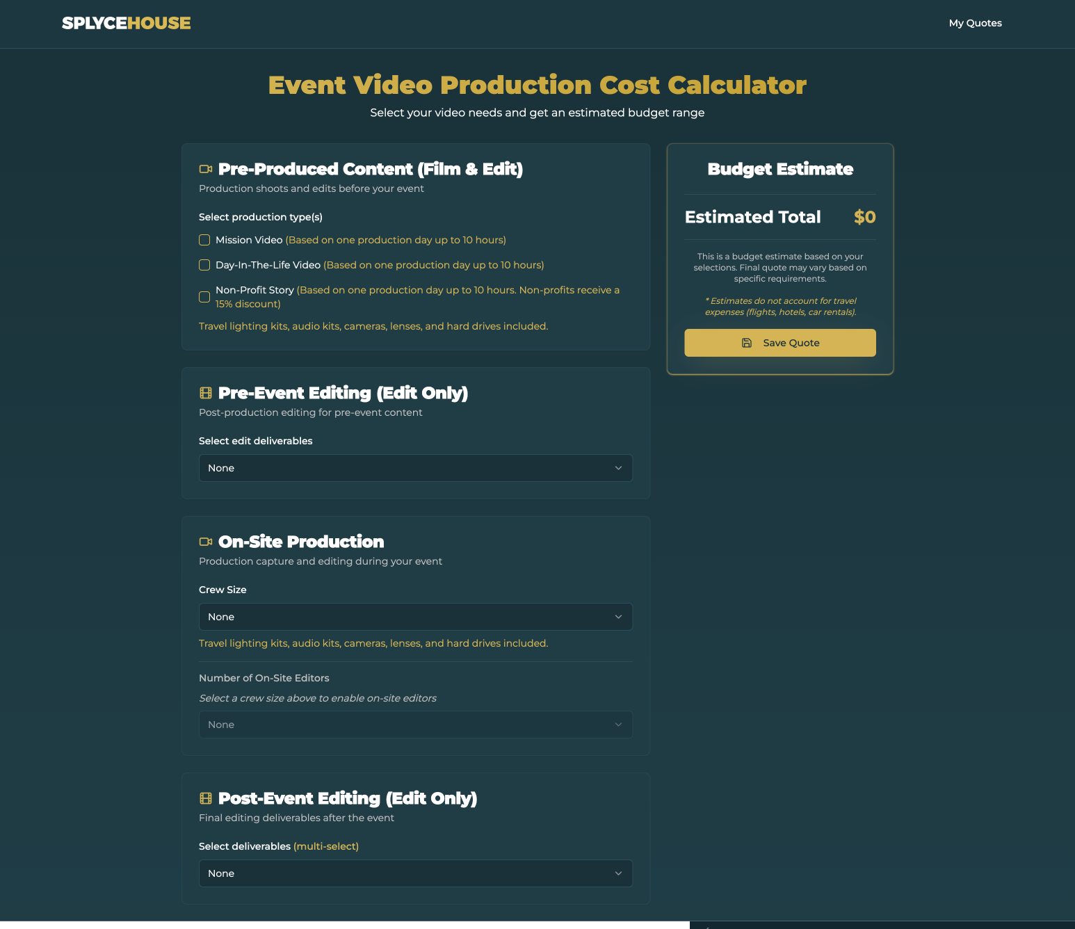 Screenshot of the Event Video Production Cost Calculator user interface.