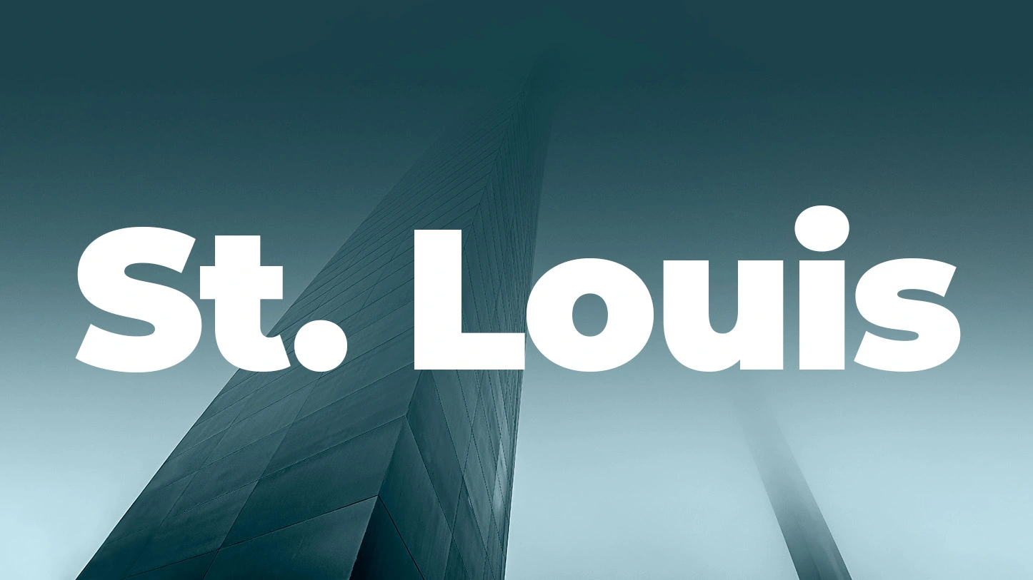 The St. Louis Arch with "St. Louis" text overtop of the image.