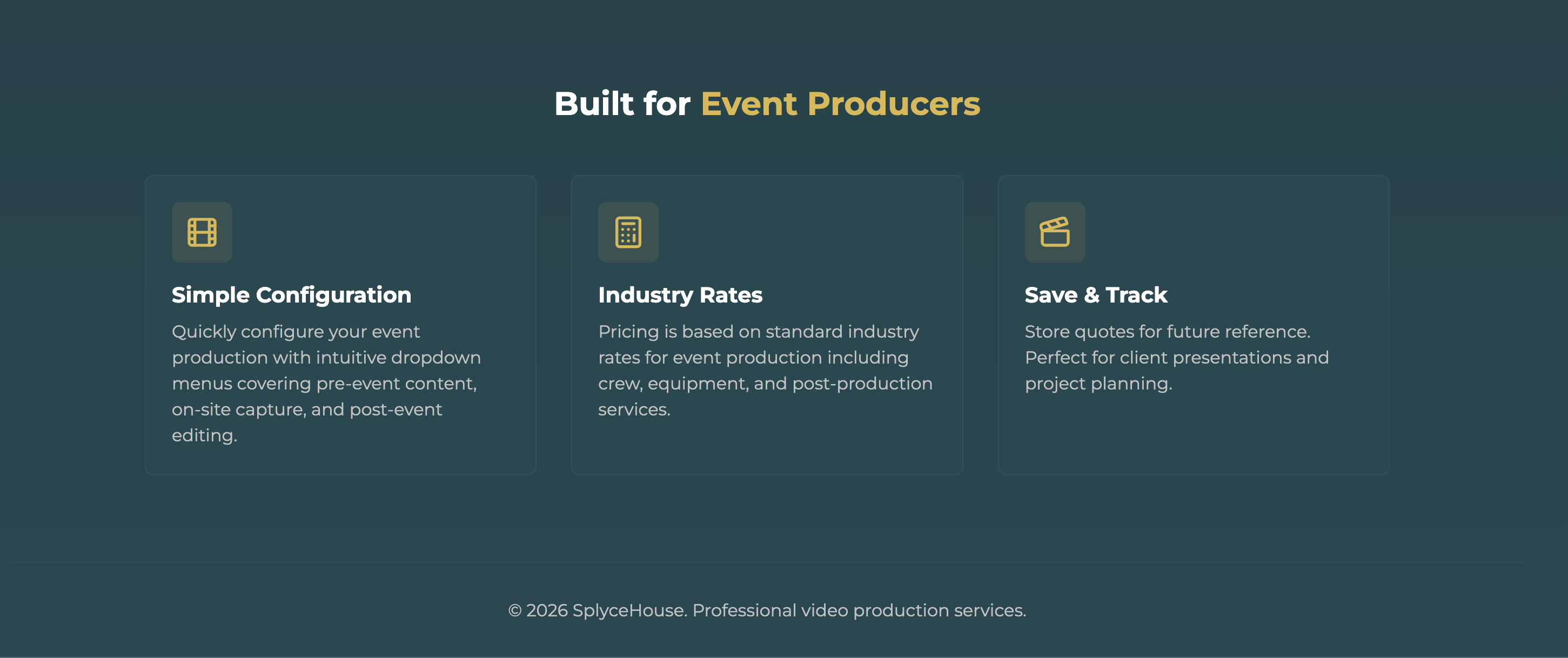 A screenshot of the SplyceHouse Event Video Production Cost Calculator.
