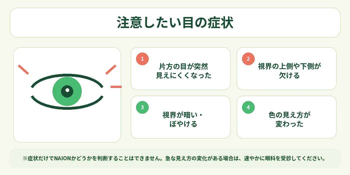 急な視力低下、視野の欠け、暗くぼやける、色の見え方が変わるなど、注意したい目の症状を示した図解