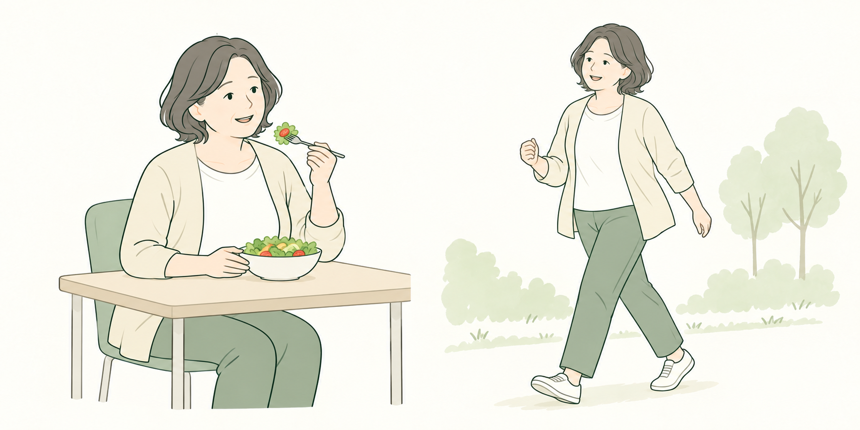 更年期のダイエットで食事とウォーキングに取り組む女性