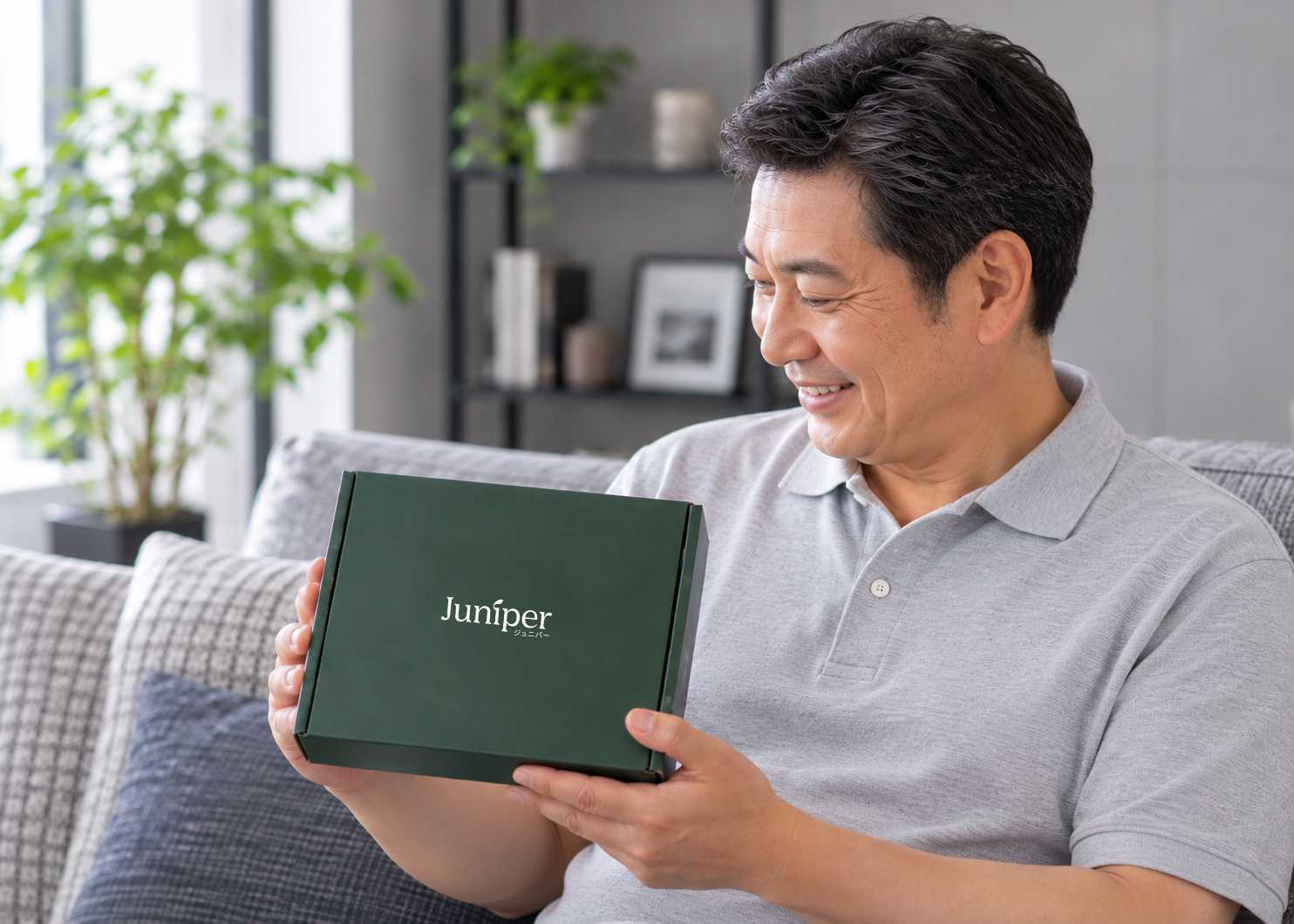 ジュニパーの箱を持つ男性