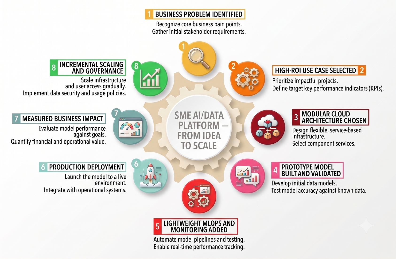 Infographic titled “SME AI/Data Platform — From Idea to Scale” showing an eight-step circular roadmap: 1) identify the business problem, 2) select a high-ROI use case, 3) choose a modular cloud architecture, 4) build and validate a prototype model, 5) add lightweight MLOps and monitoring, 6) deploy to production, 7) measure business impact, and 8) scale incrementally with governance. Each step includes brief guidance on requirements, KPIs, infrastructure, testing, automation, integration, evaluation, security, and user access.