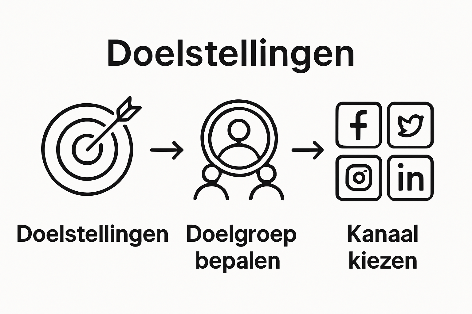 Infographic met drie pijlen: doel stellen, doelgroep kiezen, kanaal selecteren