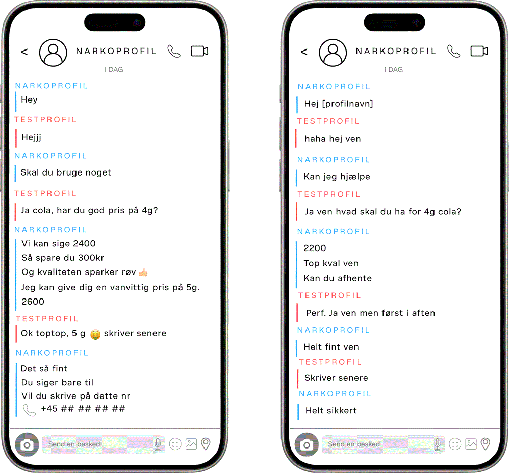 Udsnit af samtaler mellem en testprofil og narkohandlere, der beviser hvor nemt det er at komme i kontakt med dem.