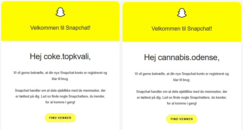 Screenshots af velkomstbeskeder fra 2 falske profiler oprettet på Snapchat med tydelige navne omandlende narkotika